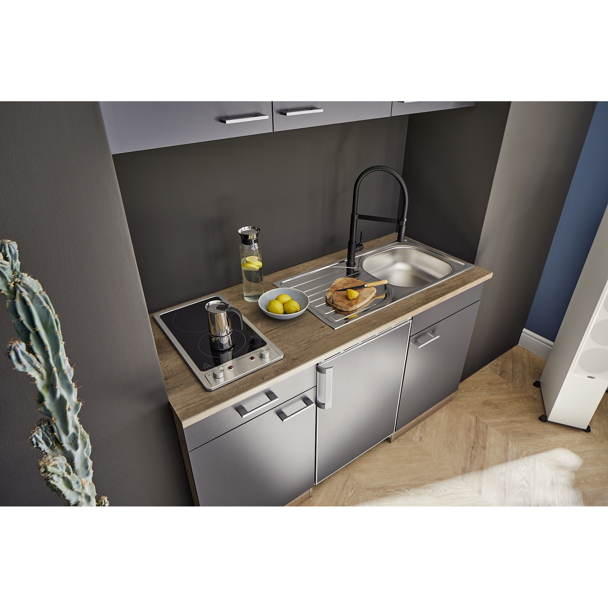 Küchenzeile 'Oliver' mit E-Gerätengrau/eichefarben 150 cm