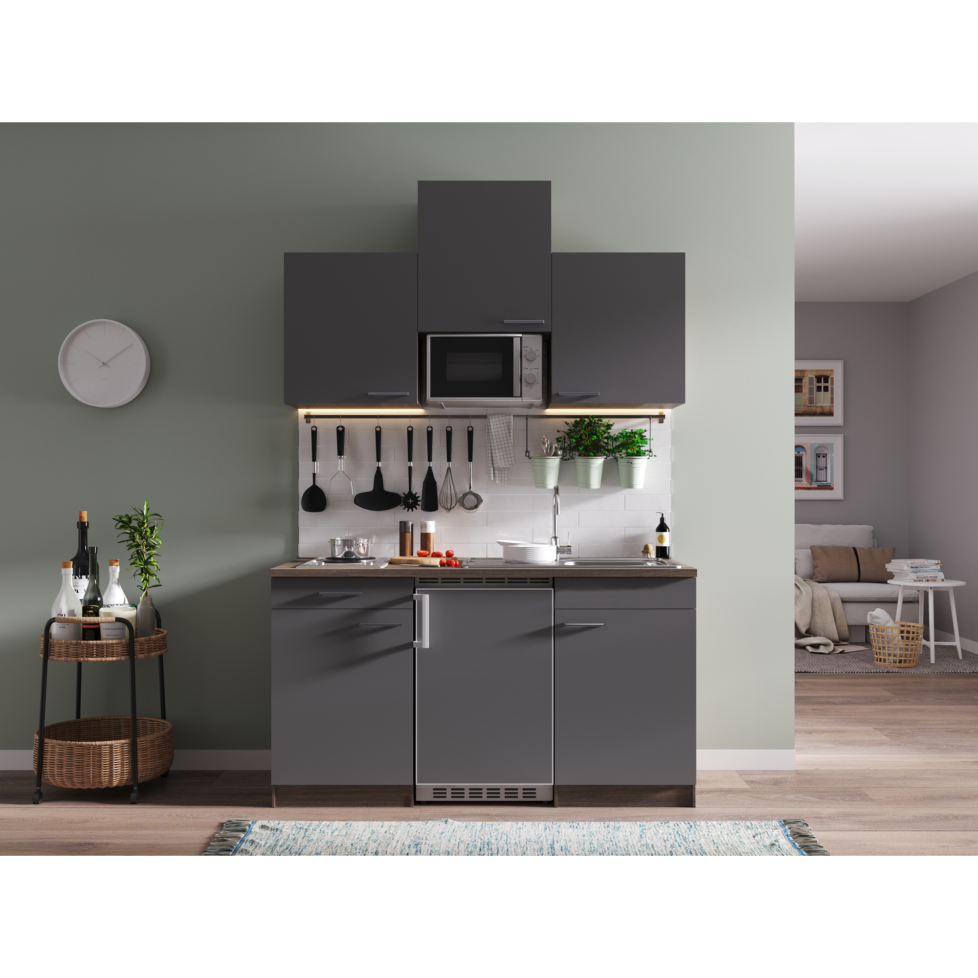 Küchenzeile 'Oliver' mit E-Geräten  grau/eichefarben 150 cm