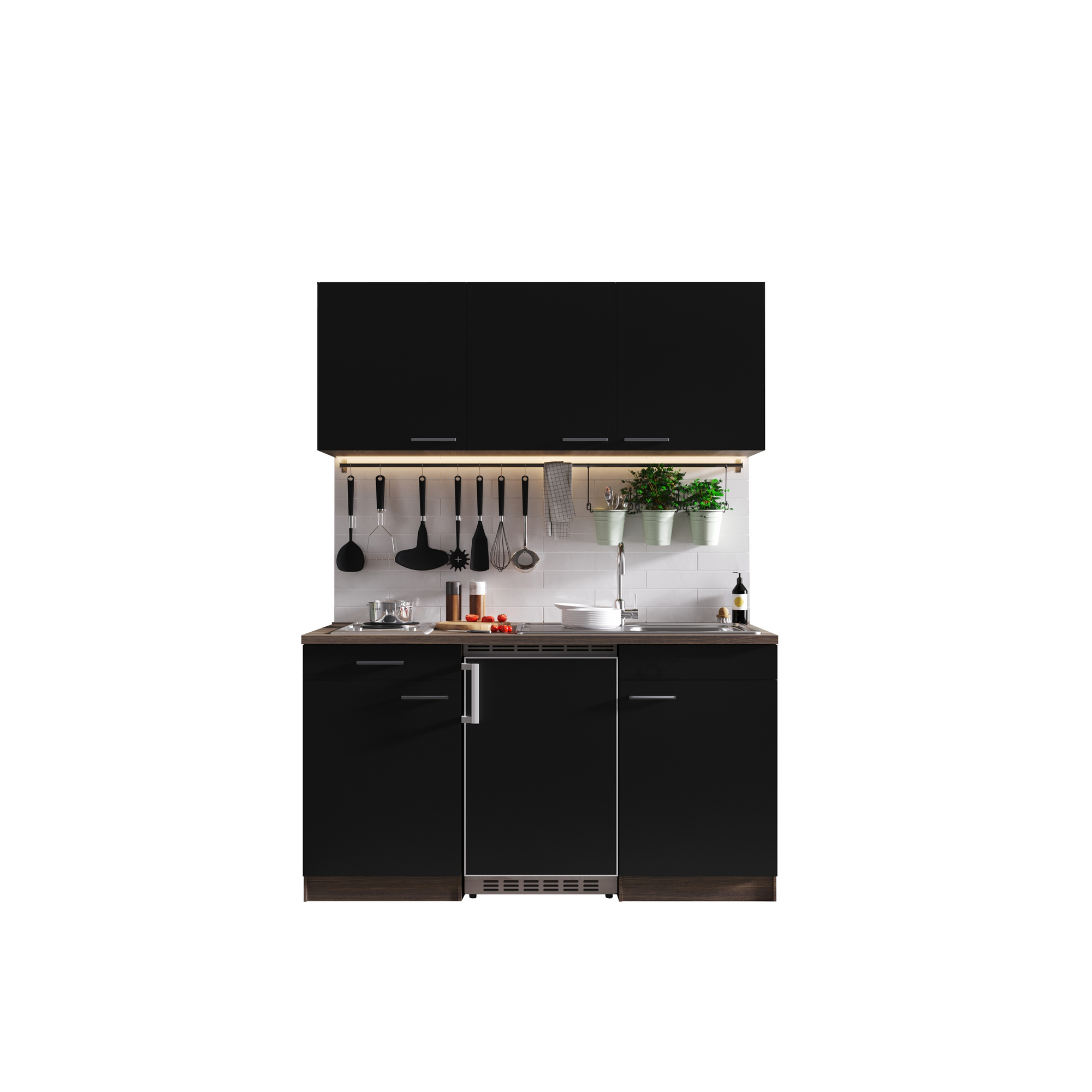 Küchenzeile 'Oliver' mit E-Geräten schwarz/eichefarben 150 cm