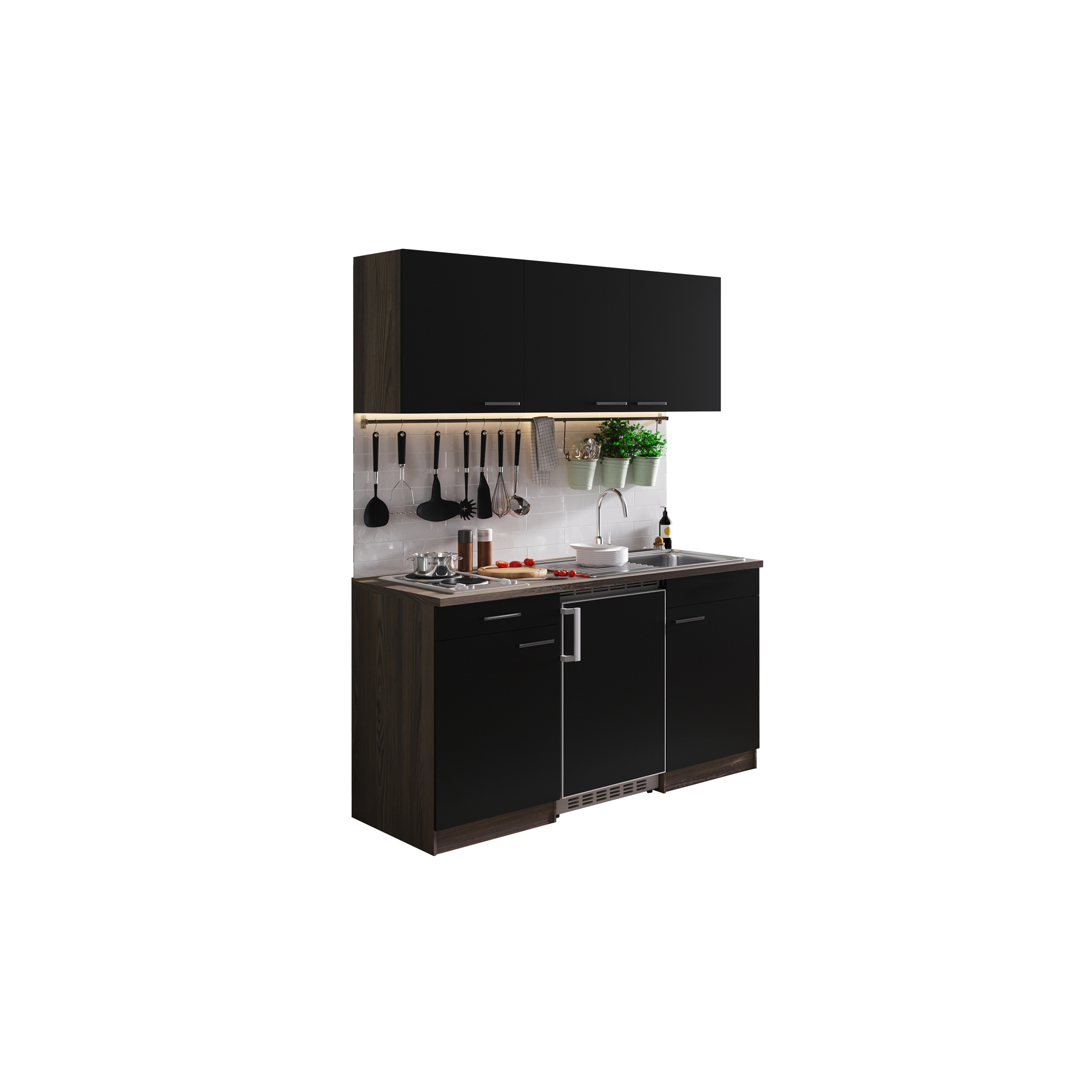 Küchenzeile 'Oliver' mit E-Geräten schwarz/eichefarben 150 cm