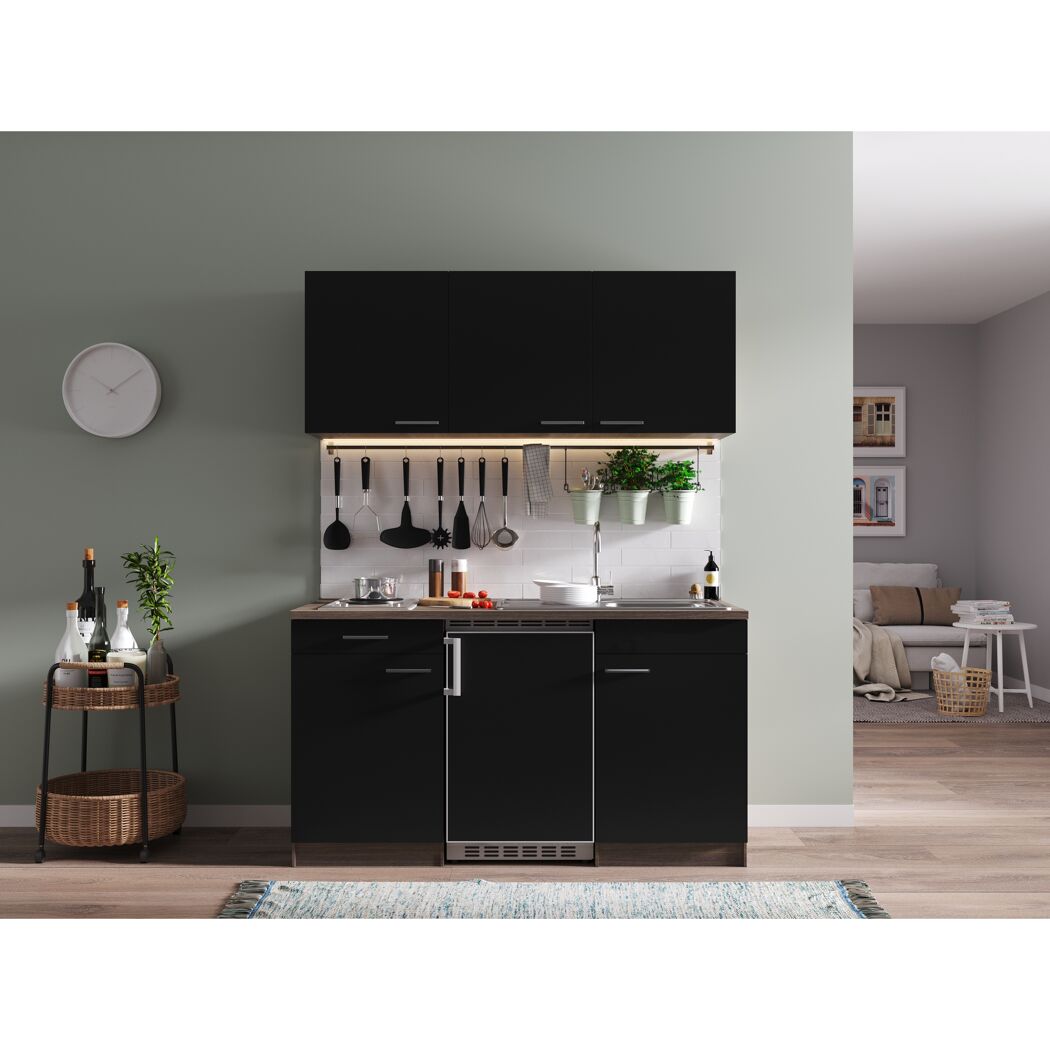 Küchenzeile 'Oliver' mit E-Geräten schwarz/eichefarben 150 cm