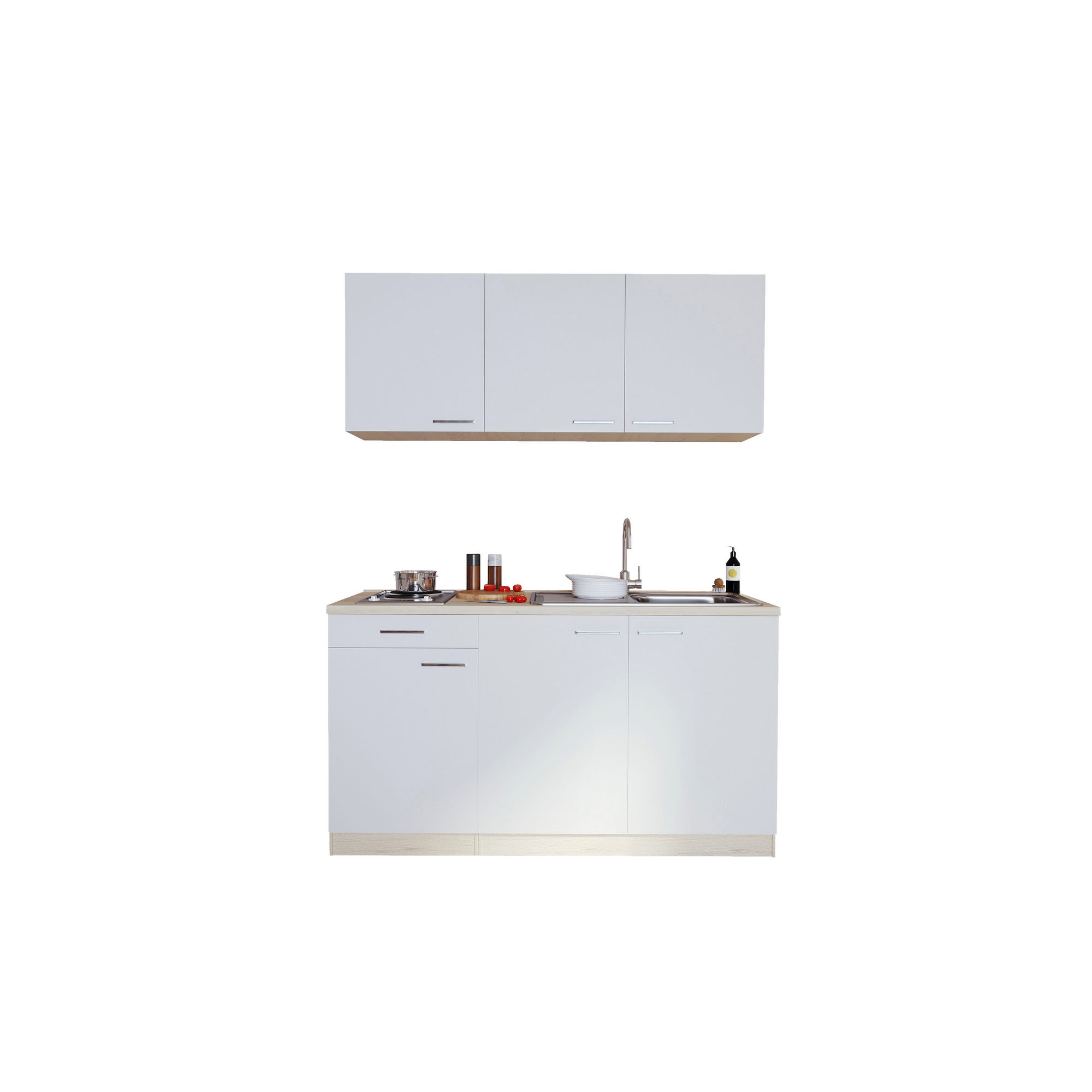 Küchenzeile 'Luis' mit E-Geräten weiß/eichefarben 150 cm ohne Kühlschrank