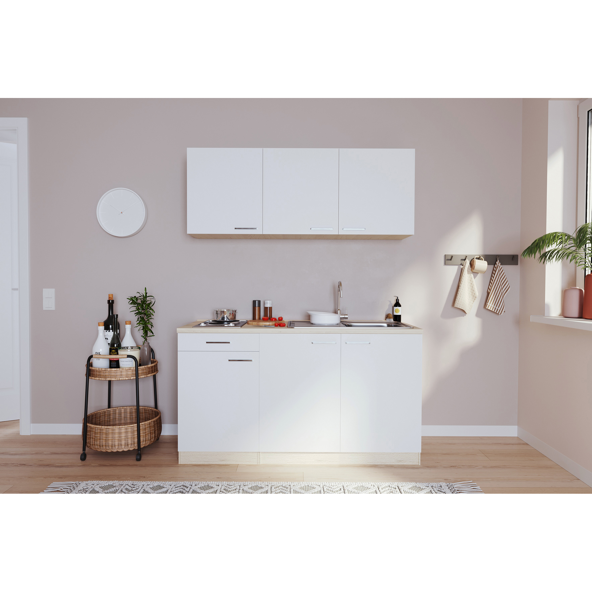 Küchenzeile 'Luis' mit E-Geräten weiß/eichefarben 150 cm ohne Kühlschrank