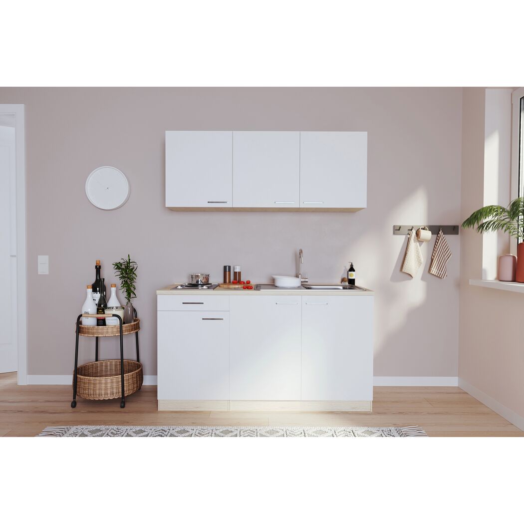 Küchenzeile 'Luis' mit E-Geräten weiß/eichefarben 150 cm ohne Kühlschrank