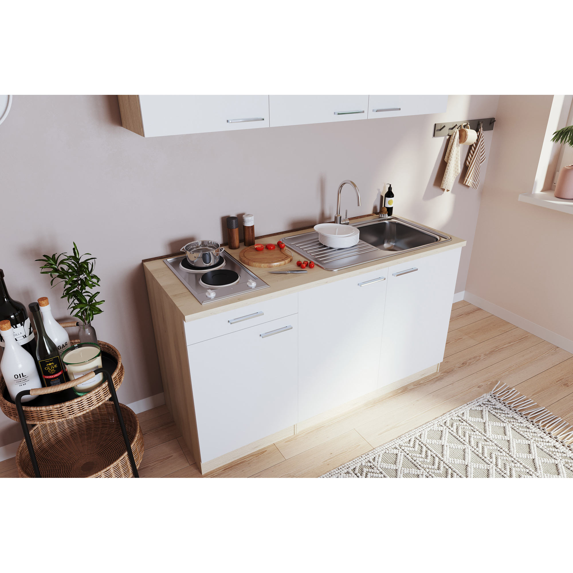 Küchenzeile 'Luis' mit E-Geräten weiß/eichefarben 150 cm ohne Kühlschrank