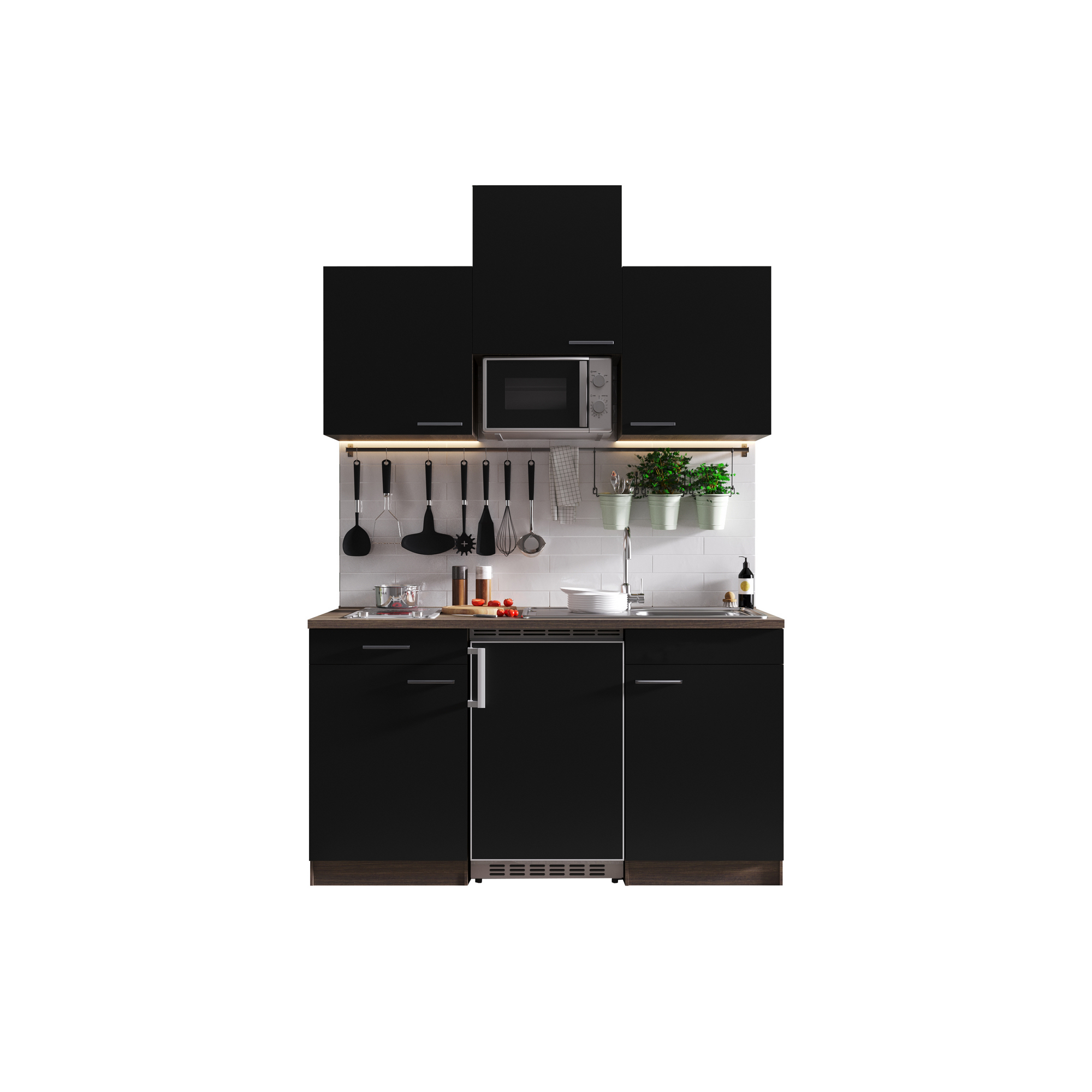 Küchenzeile 'Oliver' mit E-Geräten schwarz/eichefarben 150 cm