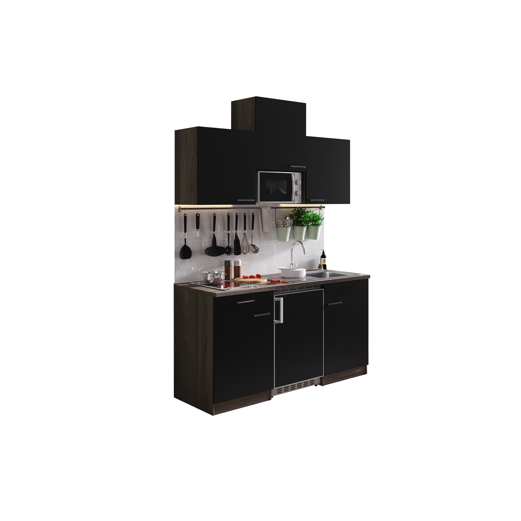 Küchenzeile 'Oliver' mit E-Geräten schwarz/eichefarben 150 cm