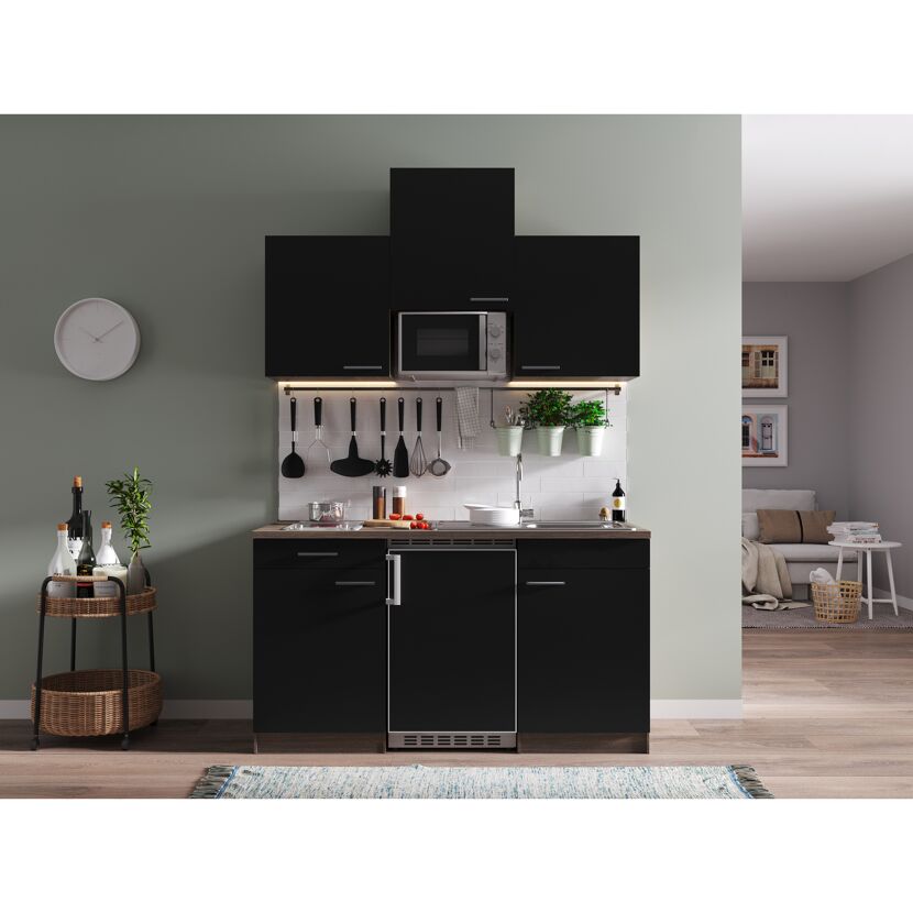 Küchenzeile 'Oliver' mit E-Geräten schwarz/eichefarben 150 cm