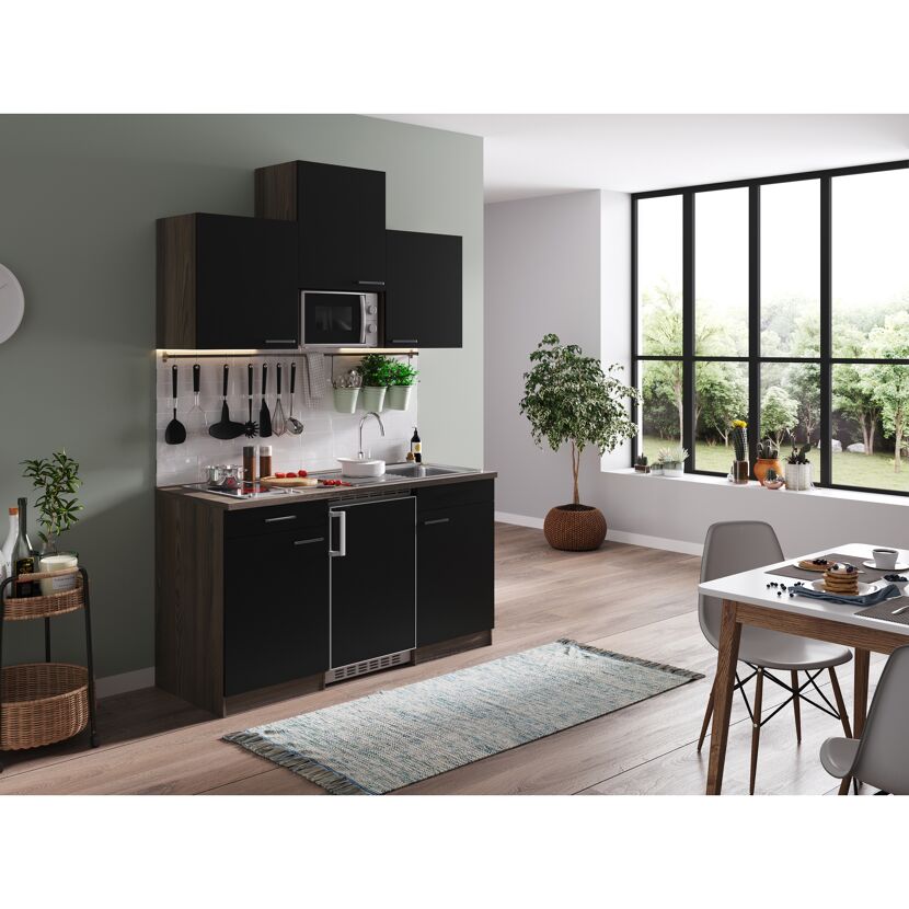 Küchenzeile 'Oliver' mit E-Geräten schwarz/eichefarben 150 cm