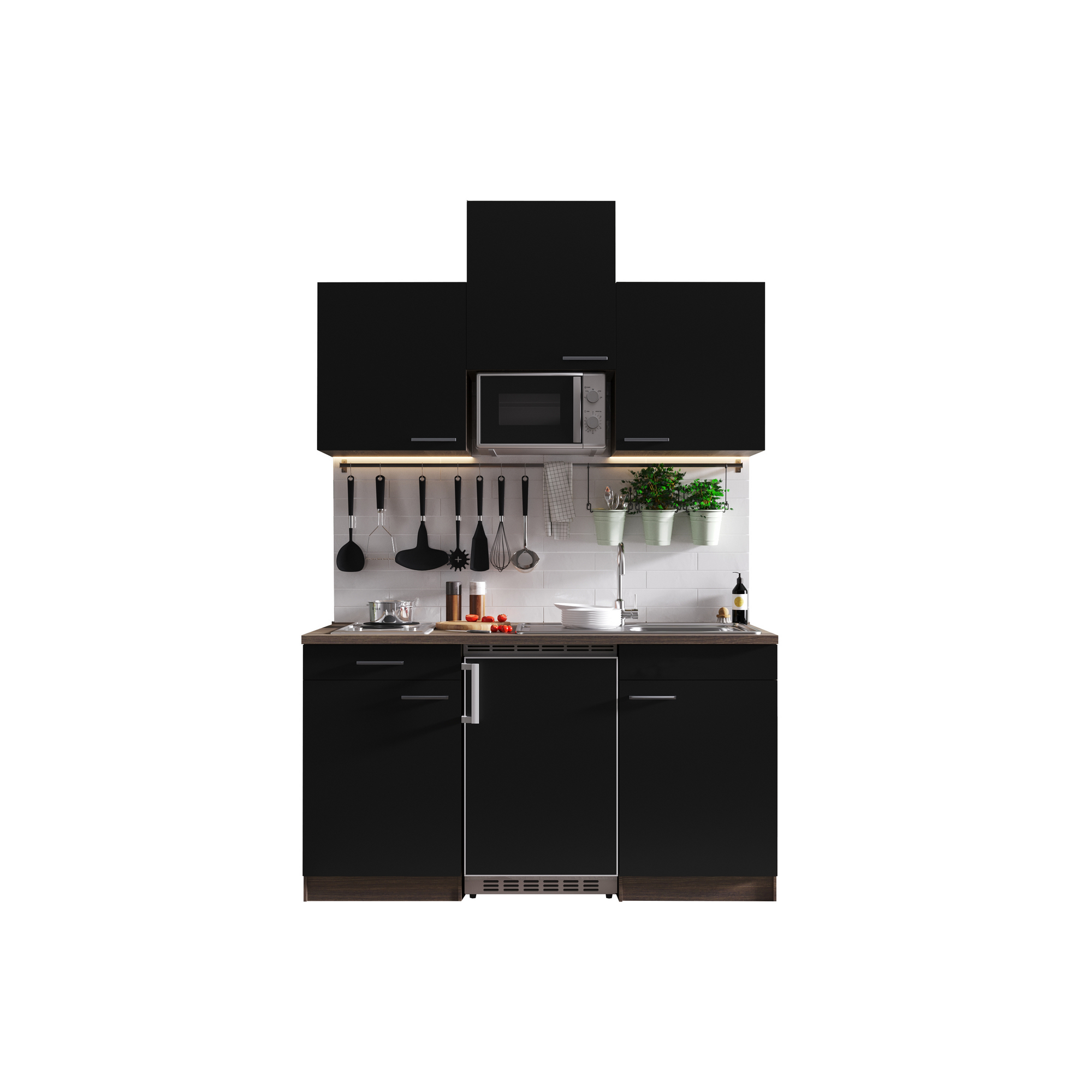 Küchenzeile 'Oliver' mit E-Geräten schwarz/eichefarben 150 cm