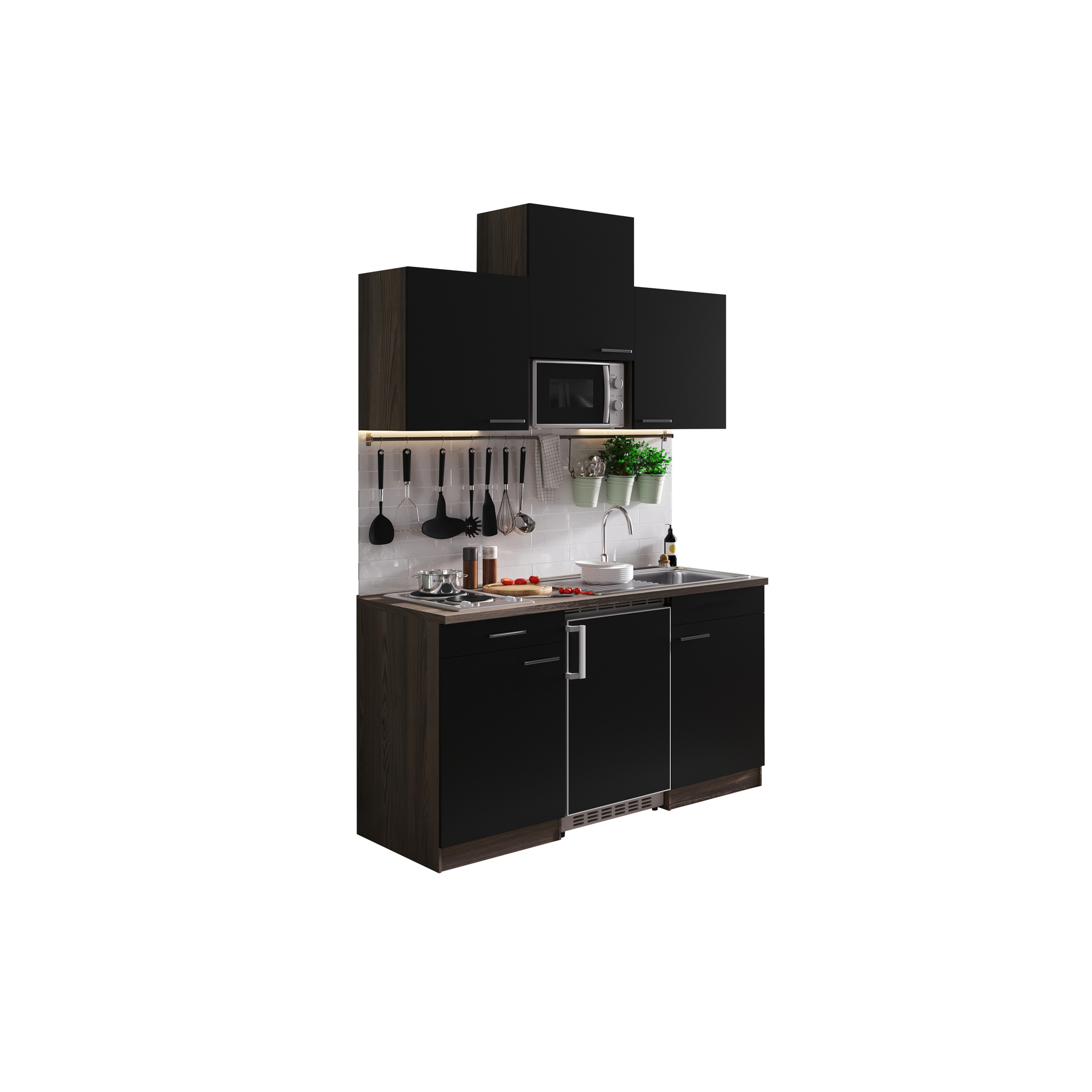 Küchenzeile 'Oliver' mit E-Geräten schwarz/eichefarben 150 cm