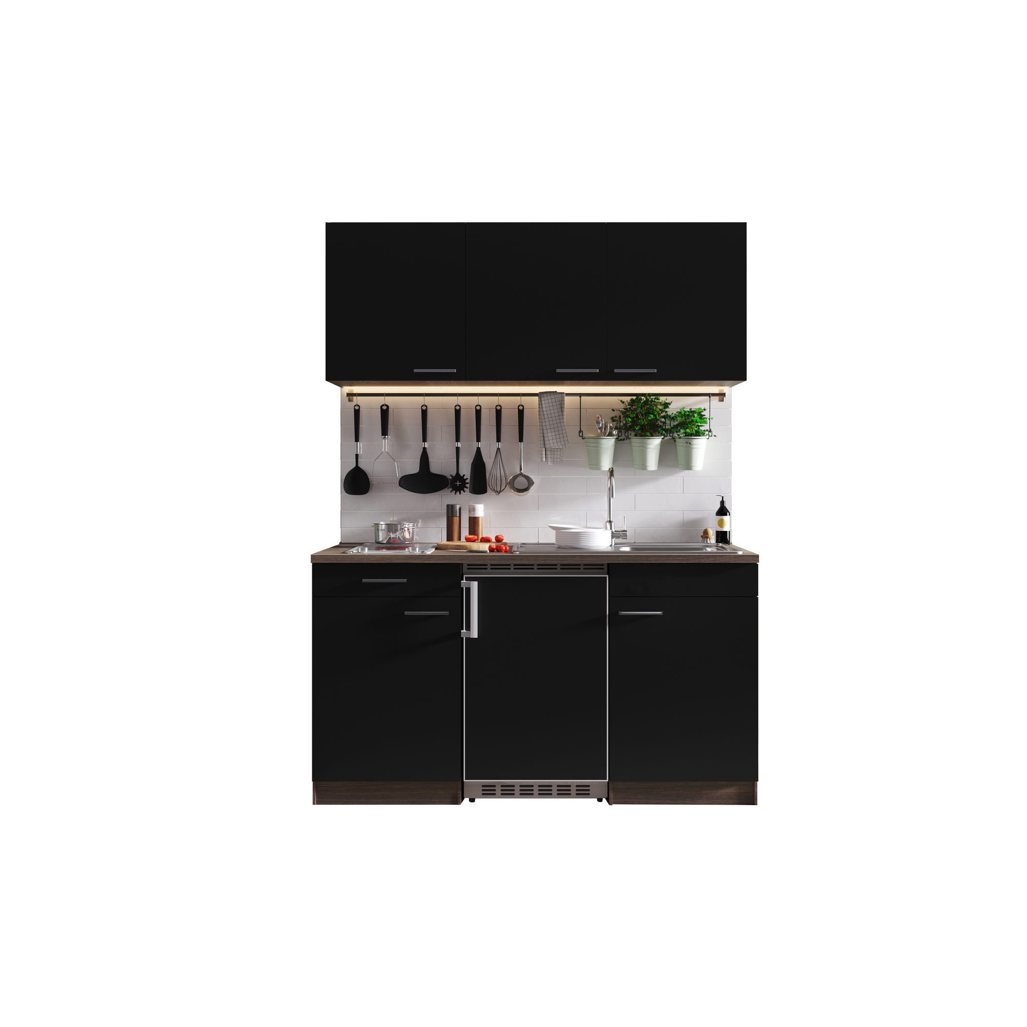 Küchenzeile 'Oliver' mit E-Geräten schwarz/eichefarben 150 cm