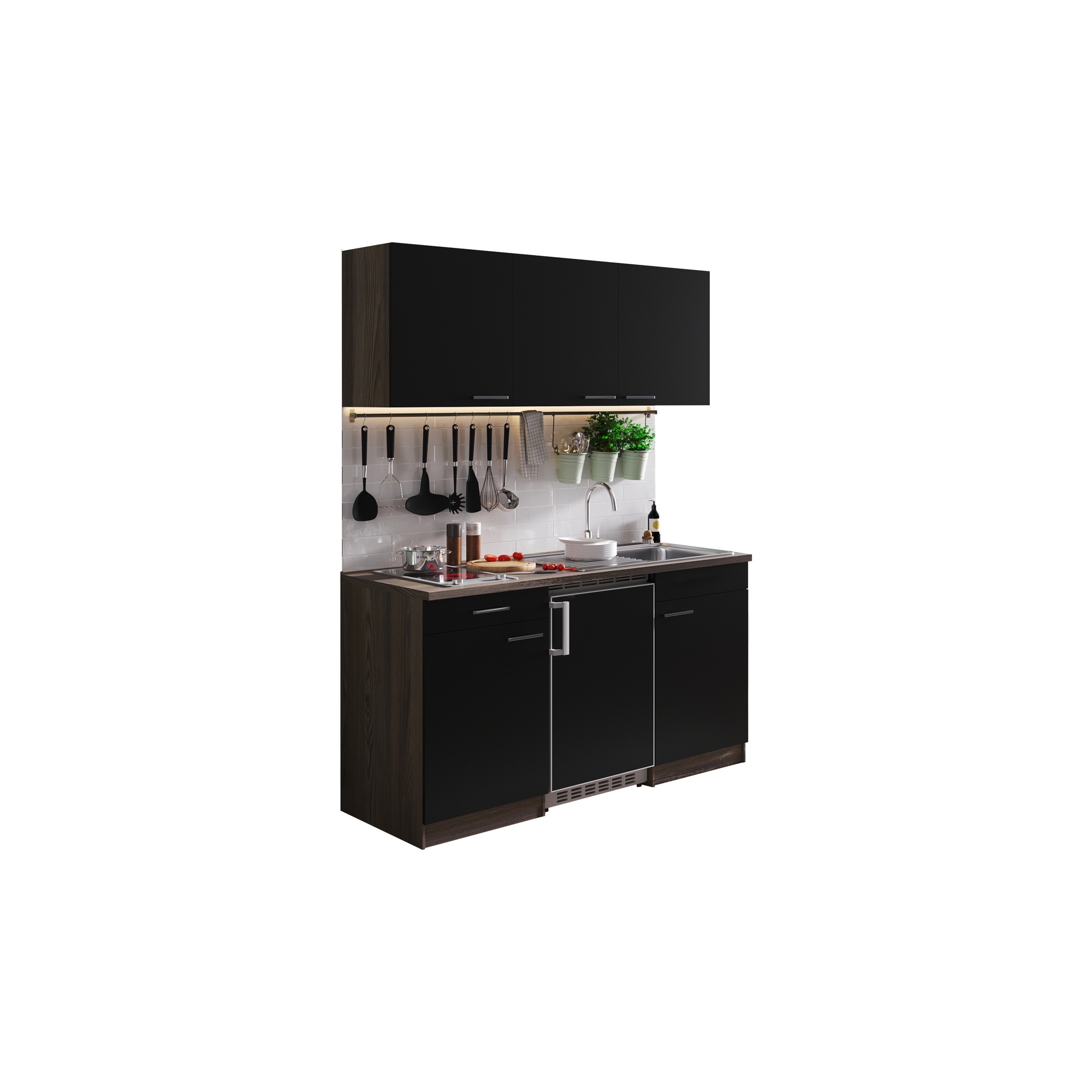 Küchenzeile 'Oliver' mit E-Geräten schwarz/eichefarben 150 cm