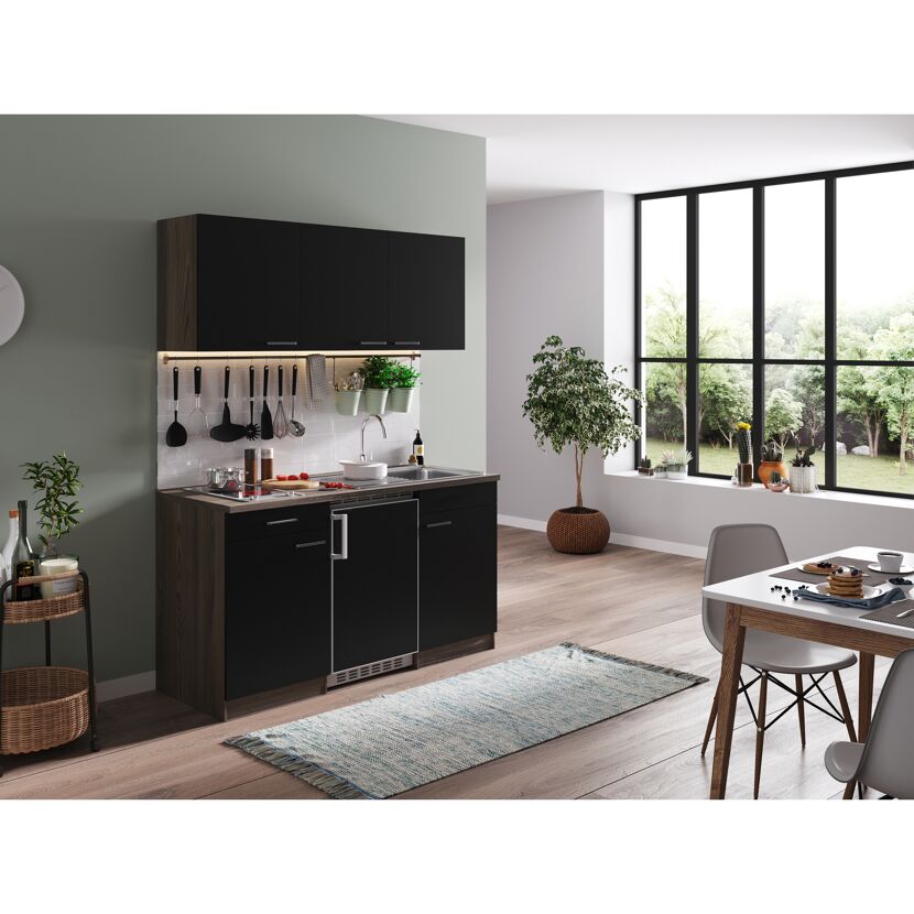 Küchenzeile 'Oliver' mit E-Geräten schwarz/eichefarben 150 cm