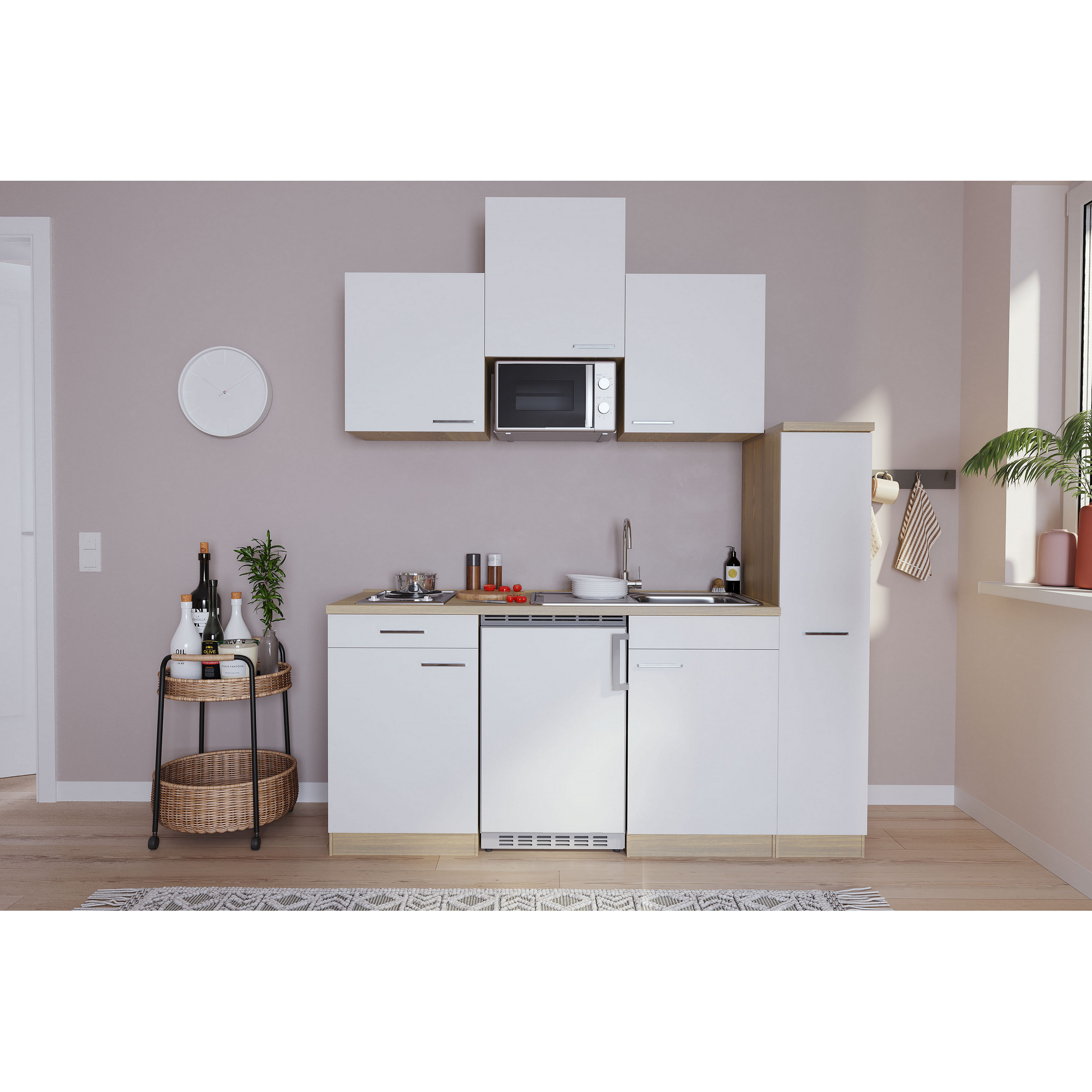 Küchenzeile 'Luis' mit E-Geräten weiß/eichefarben 180 cm