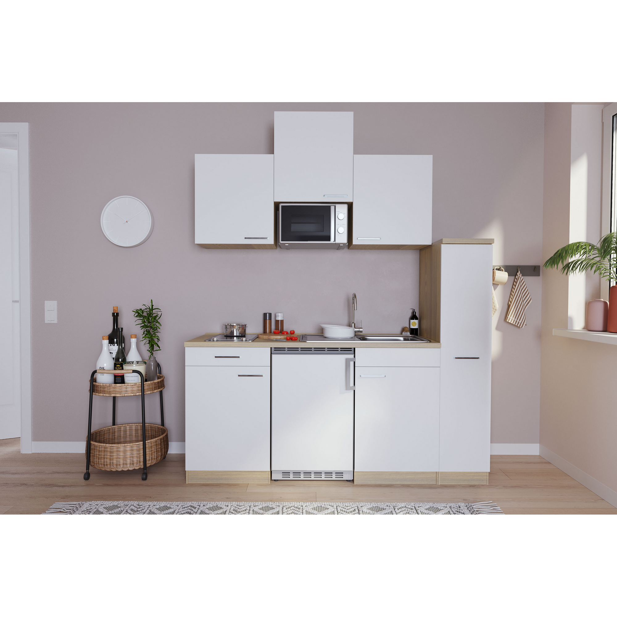 Küchenzeile 'Luis' mit E-Geräten weiß/eichefarben 180 cm