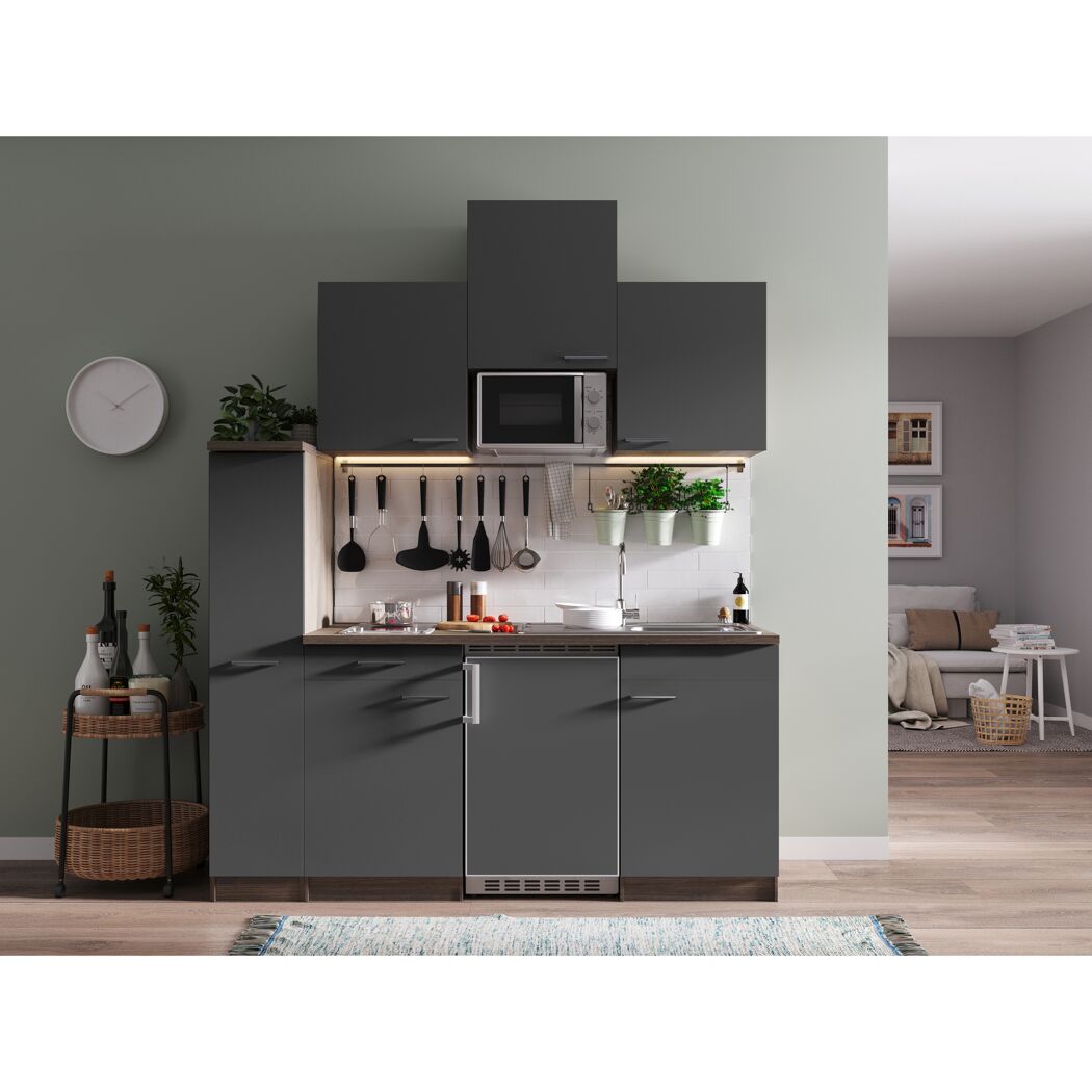 Küchenzeile 'Oliver' mit E-Geräten grau/eichefarben 180 cm