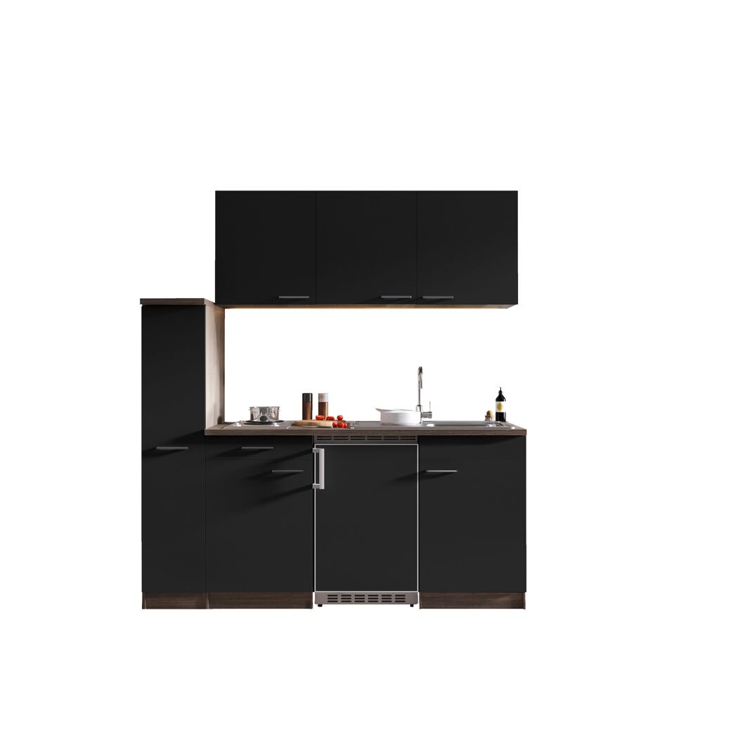 Küchenzeile 'Oliver' mit E-Geräten schwarz/eichefarben 180 cm
