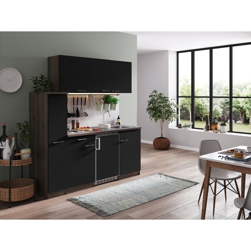 Küchenzeile 'Oliver' mit E-Geräten schwarz/eichefarben 180 cm