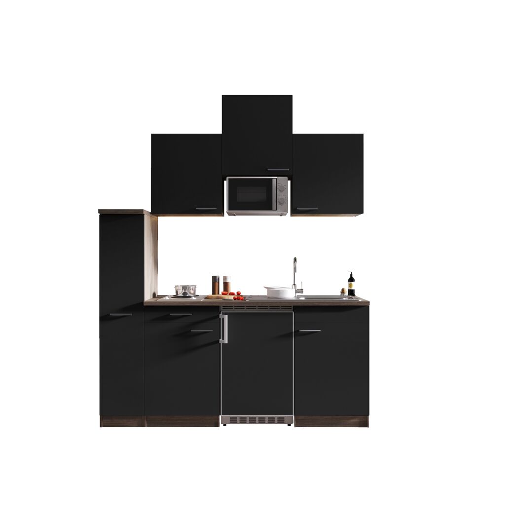 Küchenzeile 'Oliver' mit E-Geräten schwarz/eichefarben 180 cm