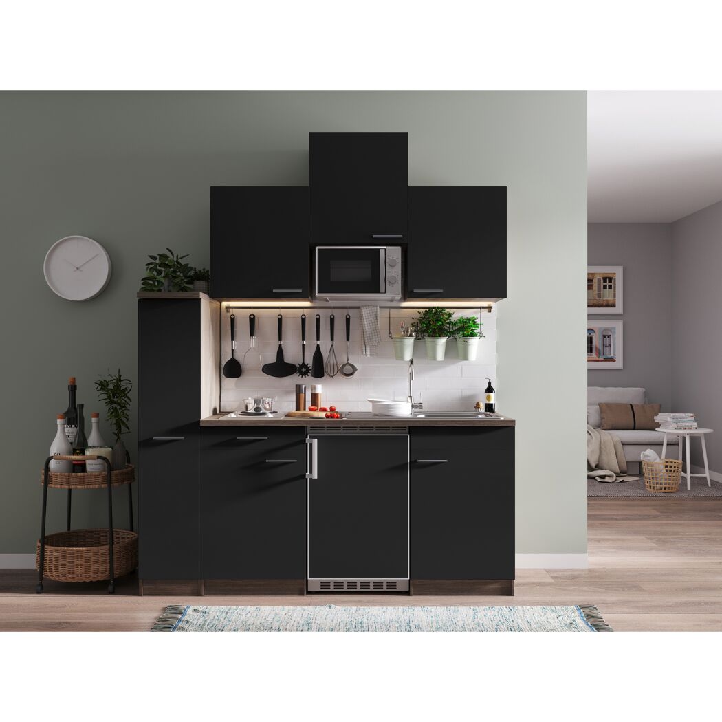 Küchenzeile 'Oliver' mit E-Geräten schwarz/eichefarben 180 cm