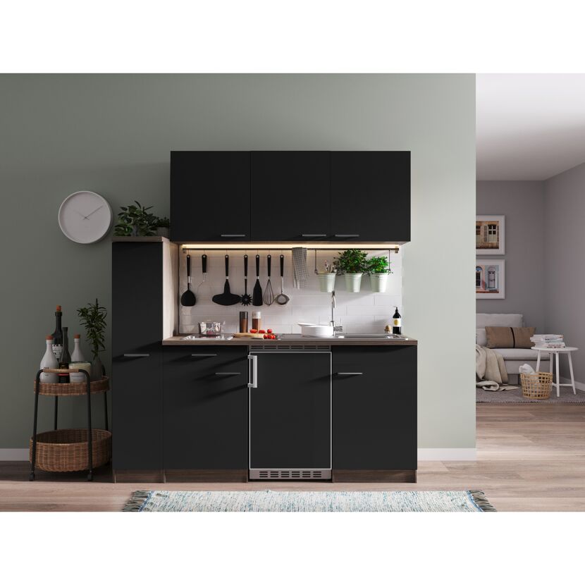 Küchenzeile 'Oliver' mit E-Geräten schwarz/eichefarben 180 cm
