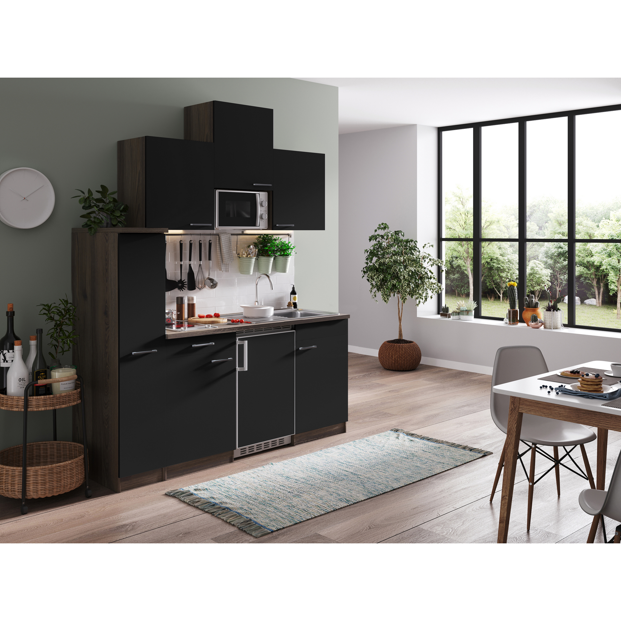 Küchenzeile 'Oliver' mit E-Geräten schwarz/eichefarben 180 cm