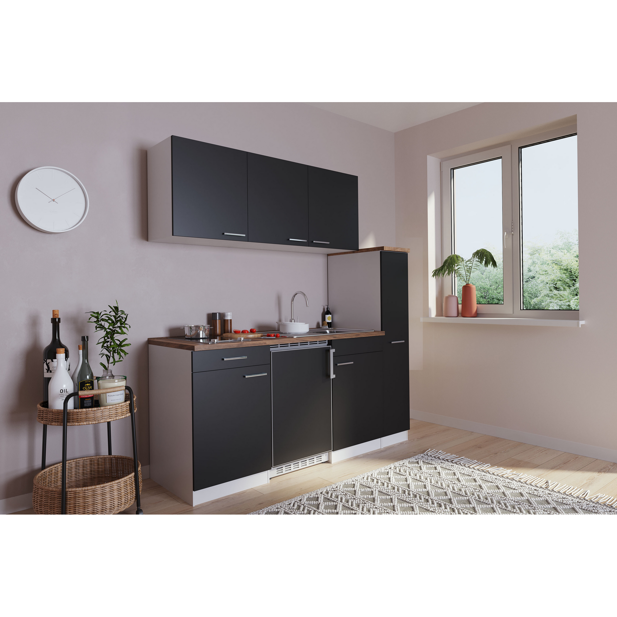 Küchenzeile 'Luis' mit E-Geräten schwarz/weiß 180 cm