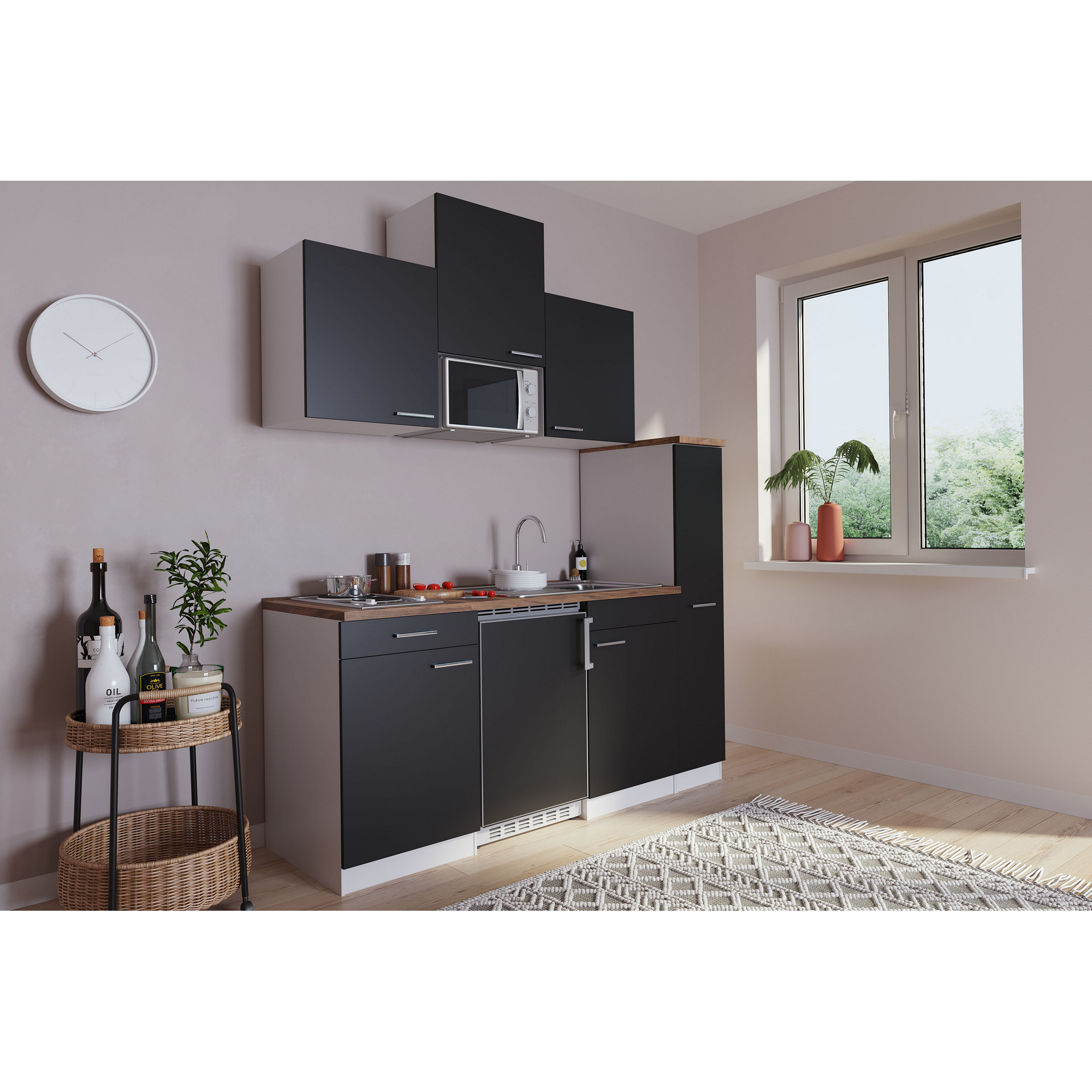 Küchenzeile 'Luis' mit E-Geräten schwarz/weiß 180 cm