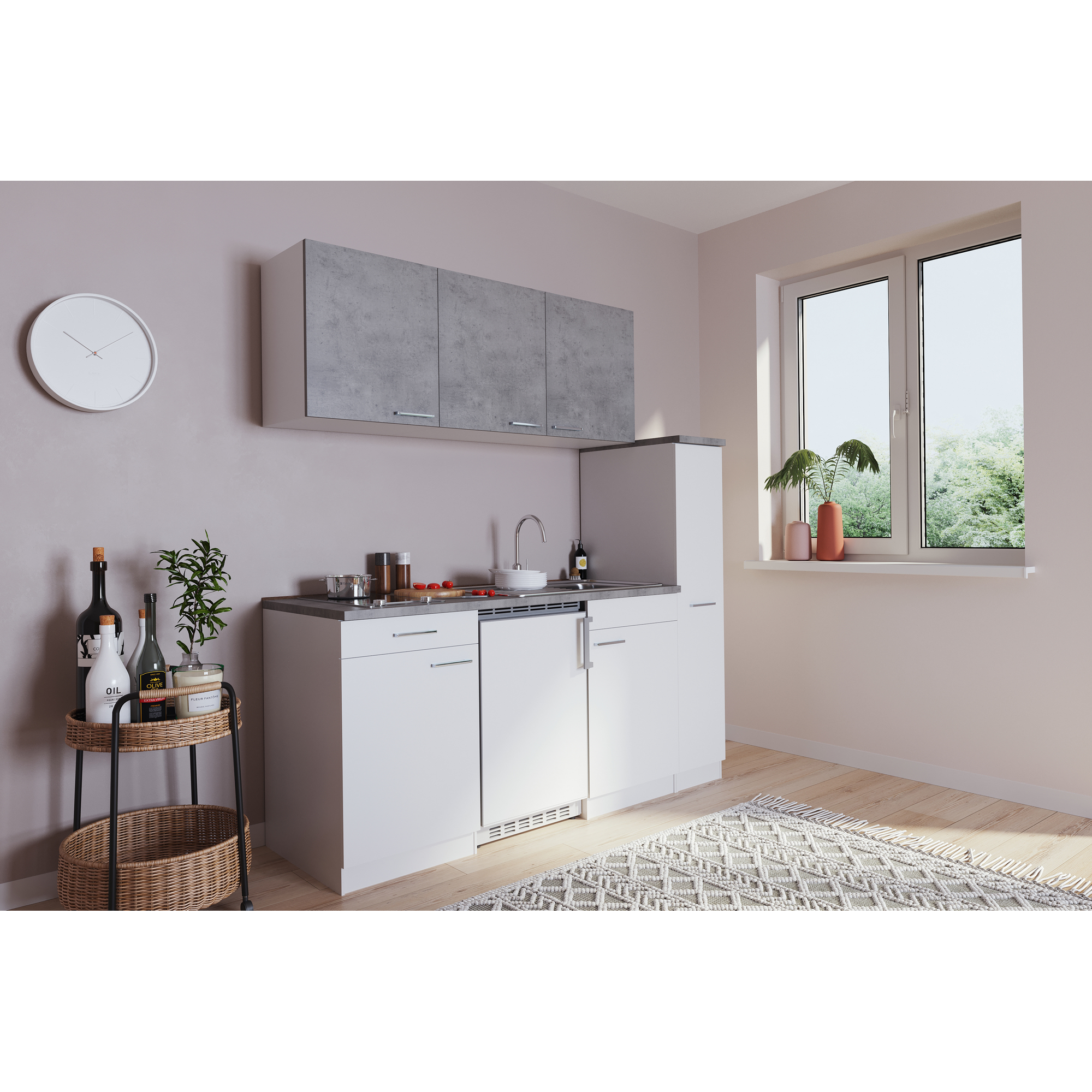 Küchenzeile 'Luis' mit E-Geräten betongrau/weiß 180 cm