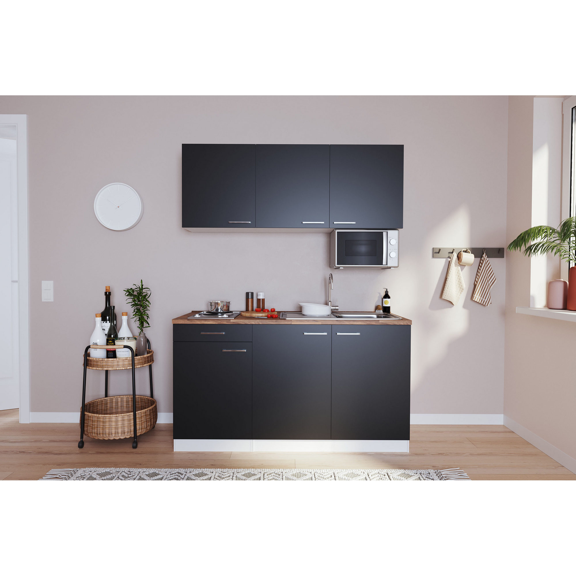 Küchenzeile 'Luis' mit E-Geräten schwarz/weiß 150 cm