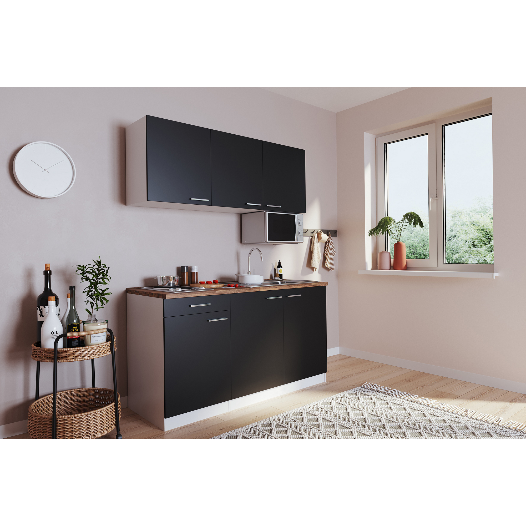 Küchenzeile 'Luis' mit E-Geräten schwarz/weiß 150 cm