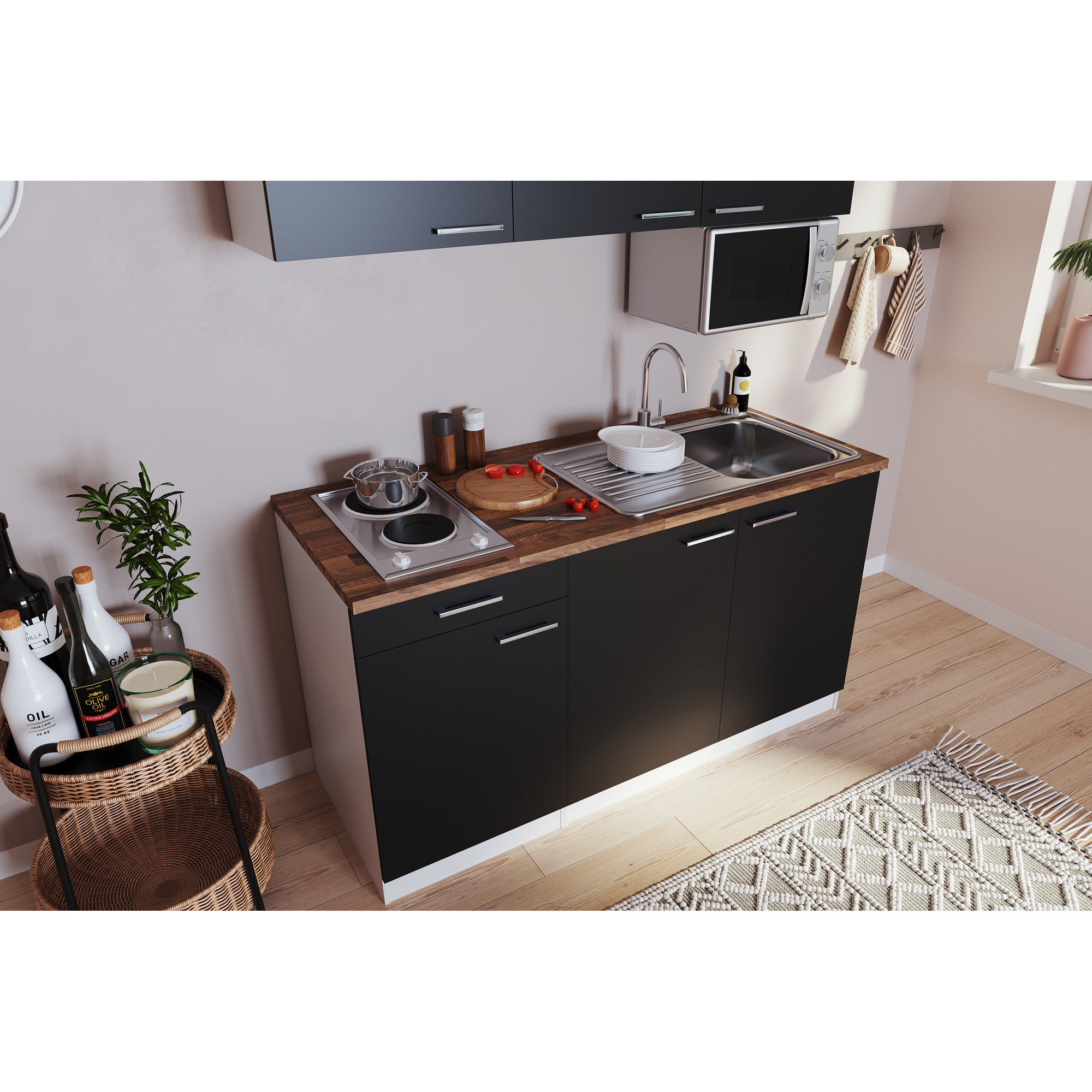 Küchenzeile 'Luis' mit E-Geräten schwarz/weiß 150 cm