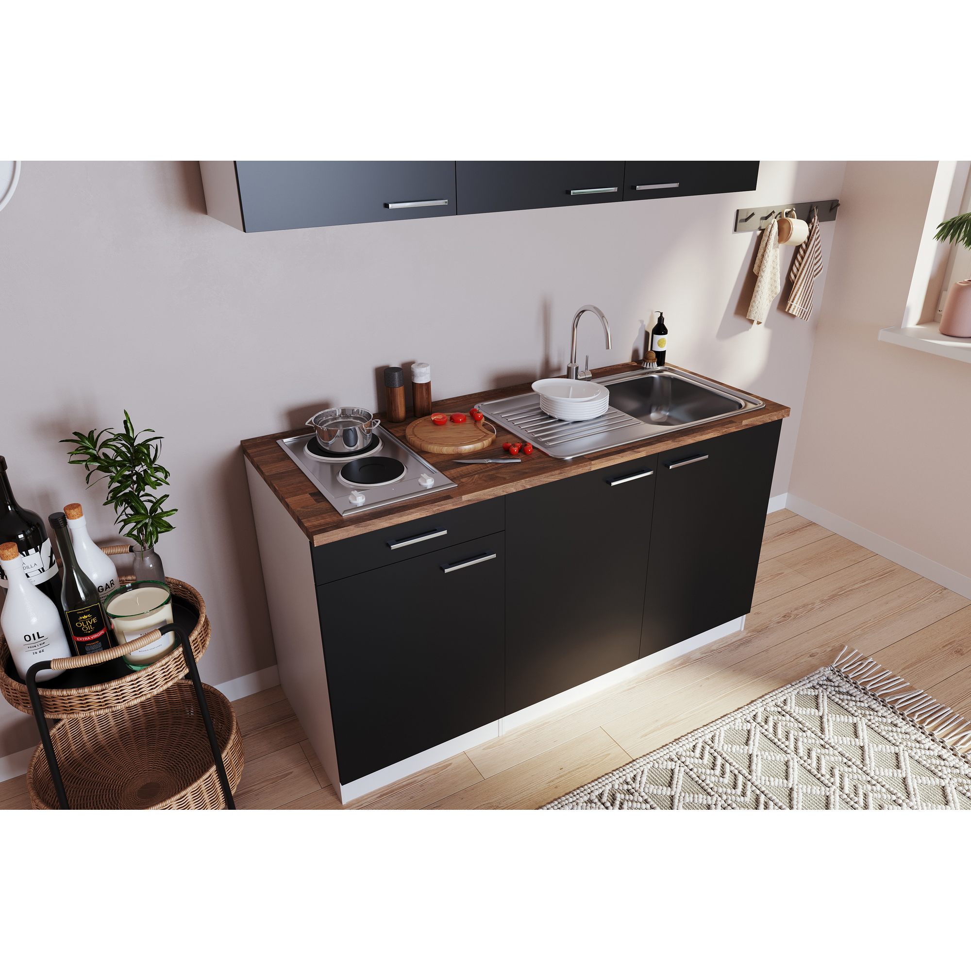 Küchenzeile 'Luis' mit E-Geräten schwarz/weiß 150 cm