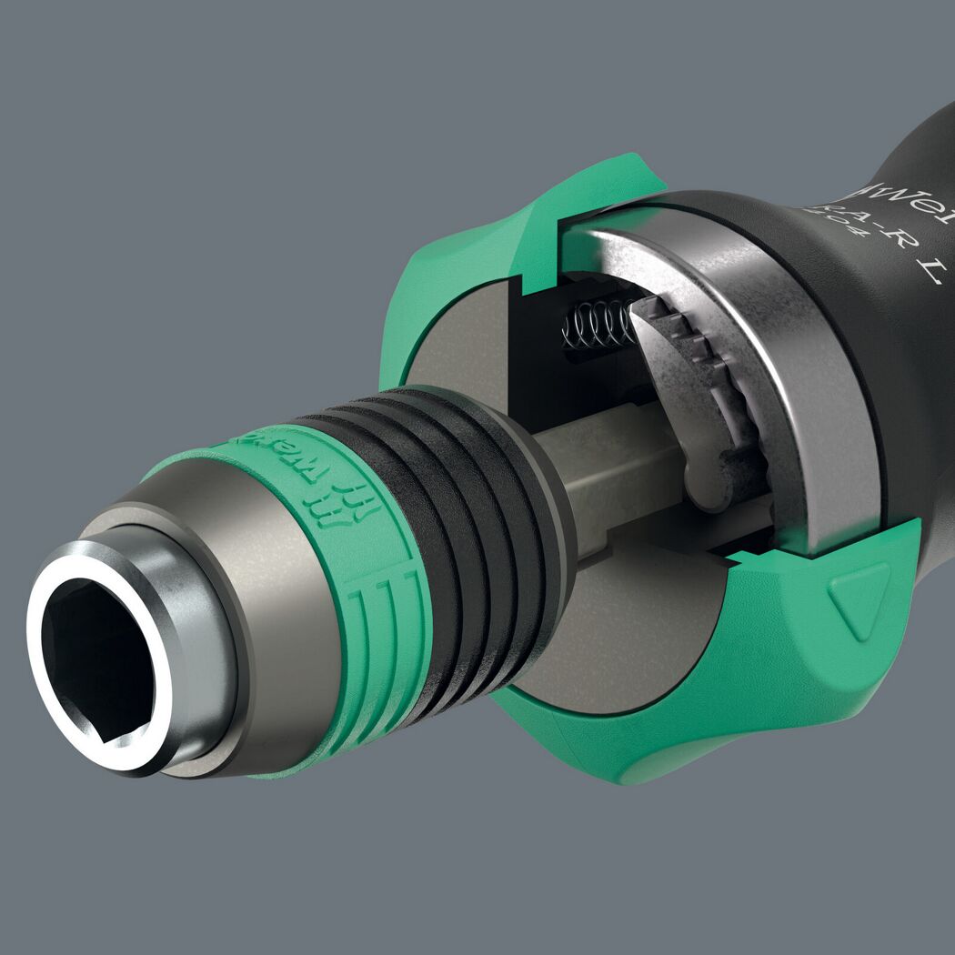 Detailansicht Wera Schraubendrehergriff mit Bitaufnahme und Mechanismus.