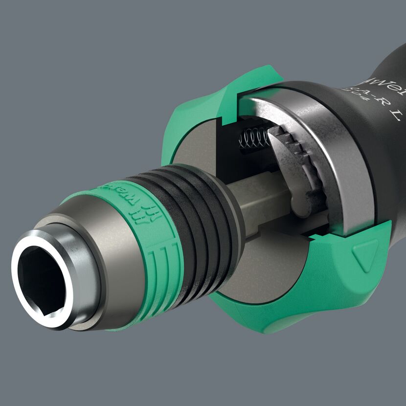 Detailansicht Wera Schraubendrehergriff mit Bitaufnahme und Mechanismus.