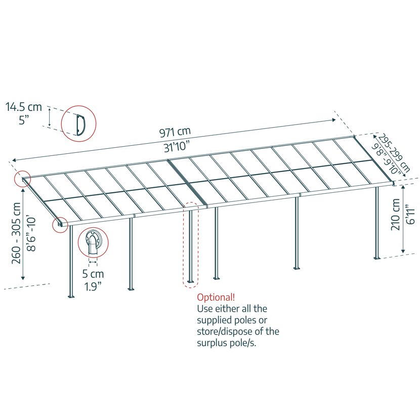 Terrassenüberdachung 'Sierra Cabrio' 295 x 971 cm Alu/Polycarbonat grau