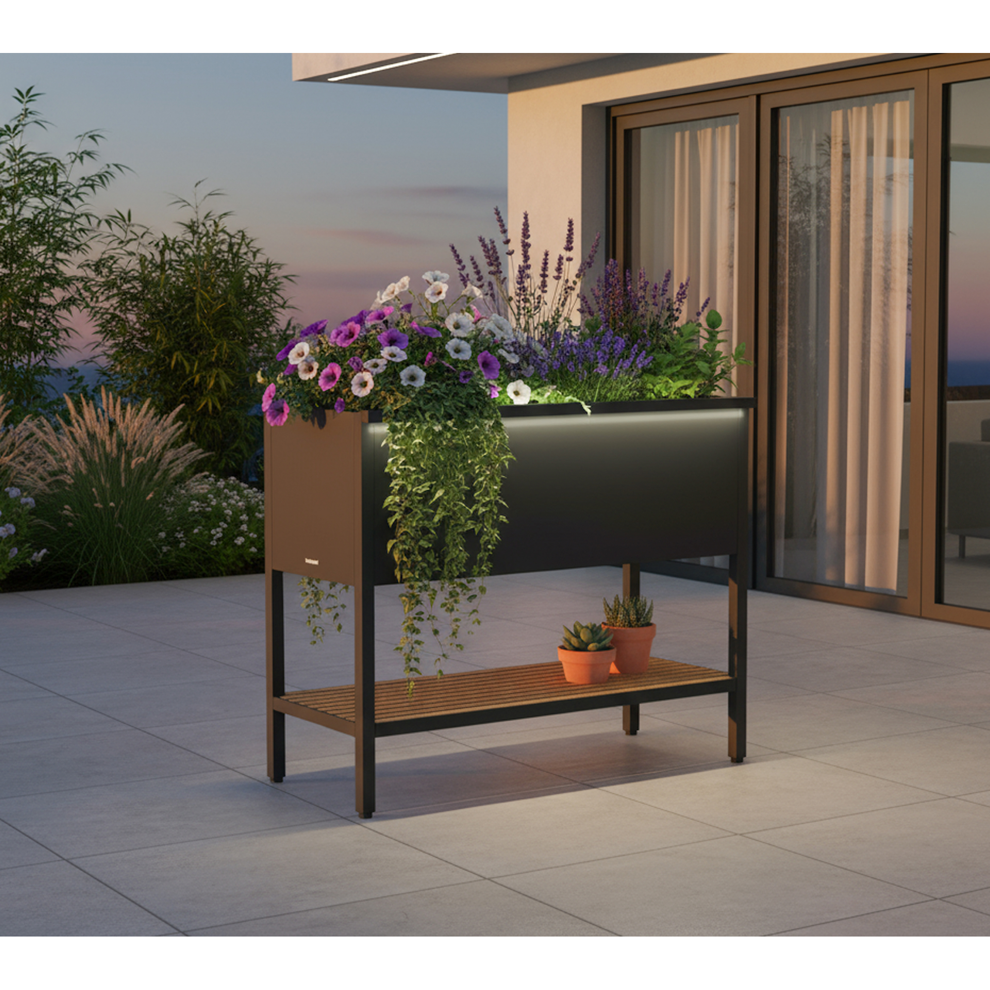 Hochbeet 'Deco' Stahl anthrazit/Holzoptik mit Beleuchtung 100 x 40 x 80 cm