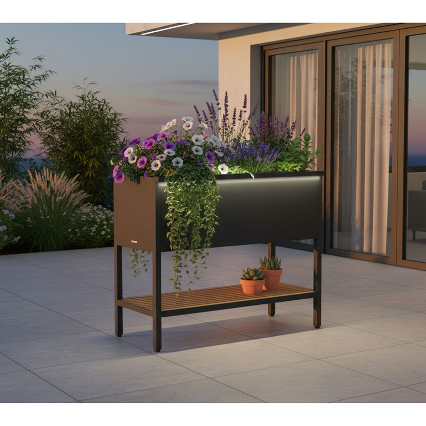 Hochbeet 'Deco' Stahl anthrazit/Holzoptik mit Beleuchtung 100 x 40 x 80 cm