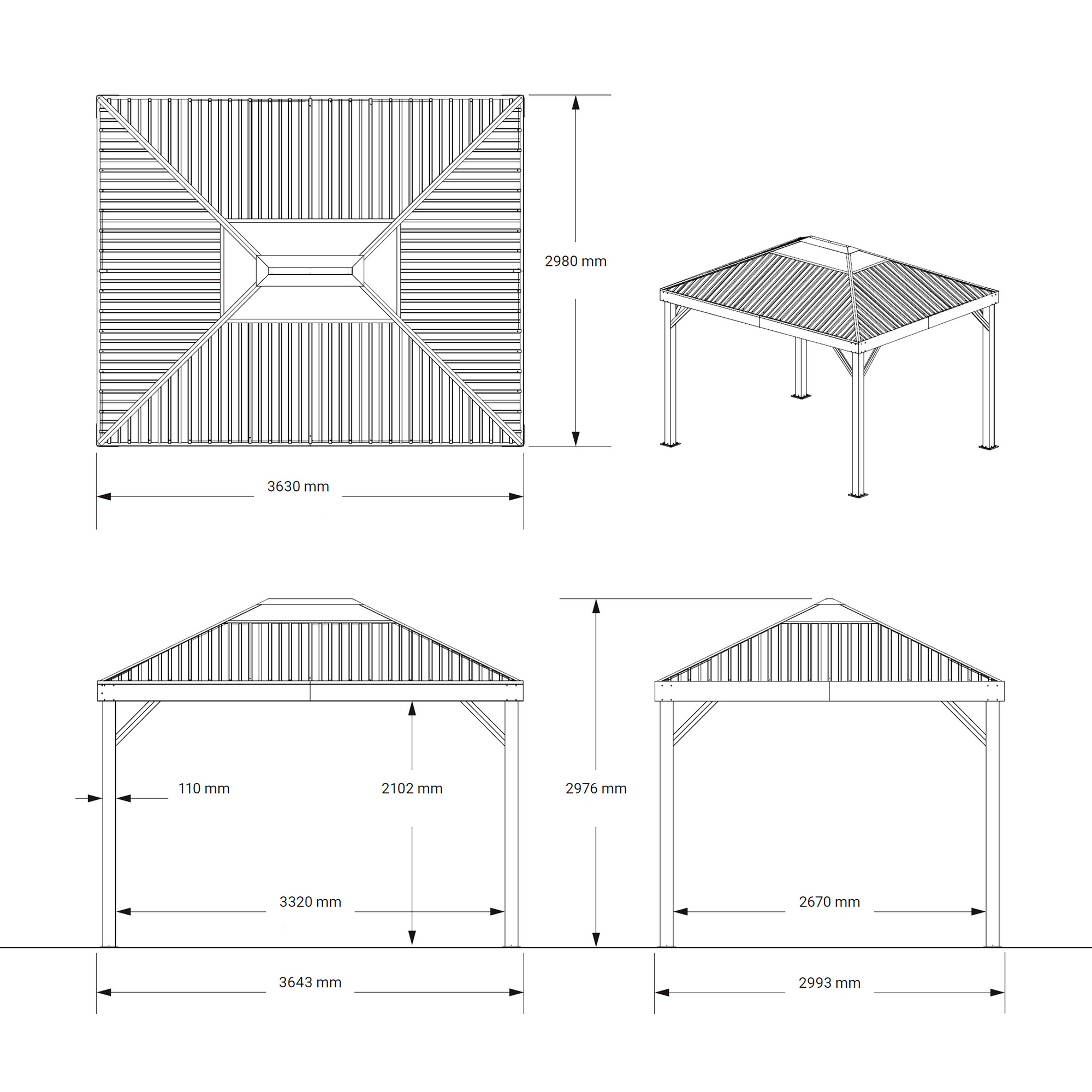 Pavillon 'Kiruna 1012' anthrazit 363 x 298 x 298 cm, mit Moskitonetz
