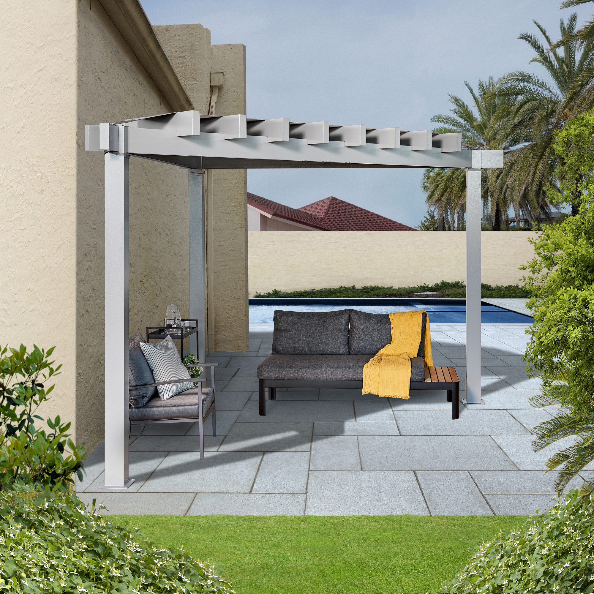 Pavillon 'Lima 1010' lichtgrau dreieckig 399 x 293 x 243 cm, mit Sonnensegel