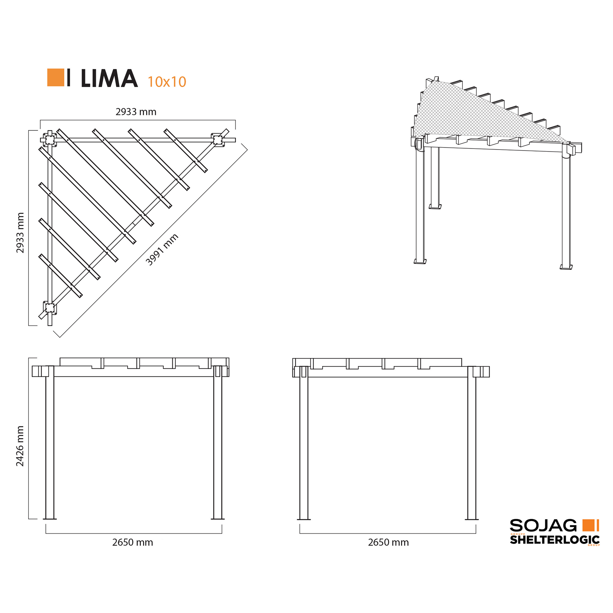 Pavillon 'Lima 1010' lichtgrau dreieckig 399 x 293 x 243 cm, mit Sonnensegel