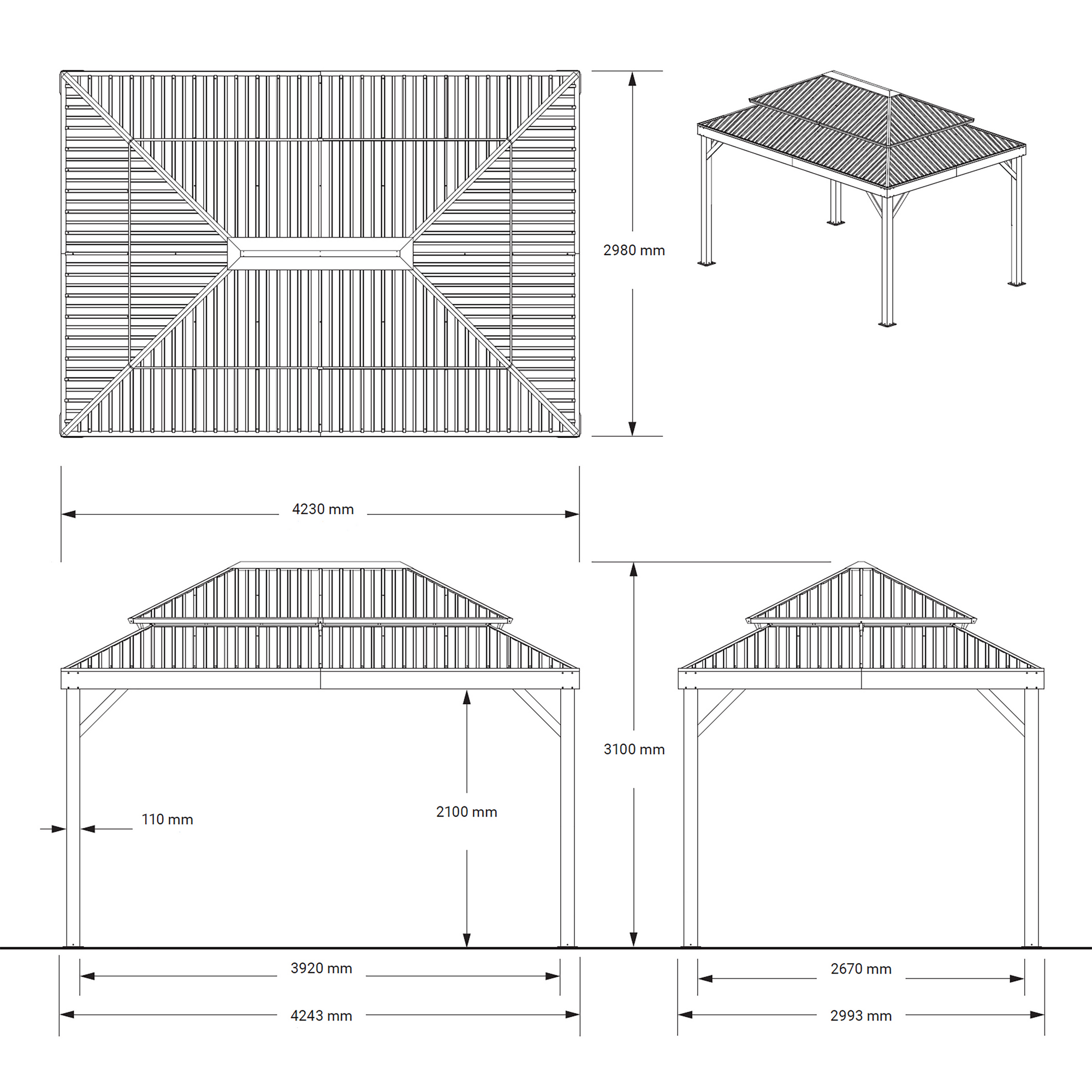 Pavillon 'London' schwarz 423 x 298 x 310 cm, mit Moskitonetzen
