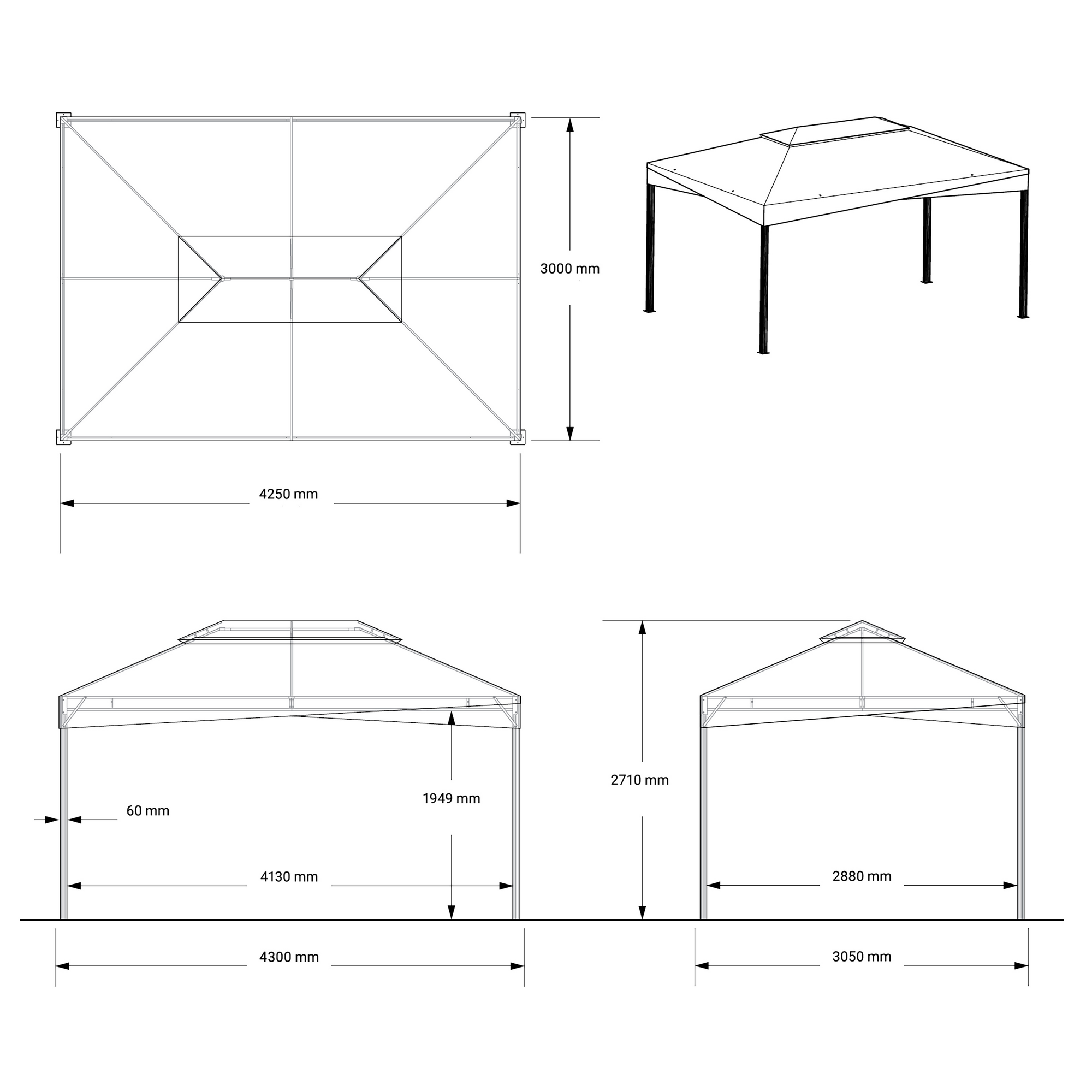 Pavillon 'Malta 1014' schwarz/grau 425 x 300 x 271 cm, mit Moskitonetzen und Vorhangset