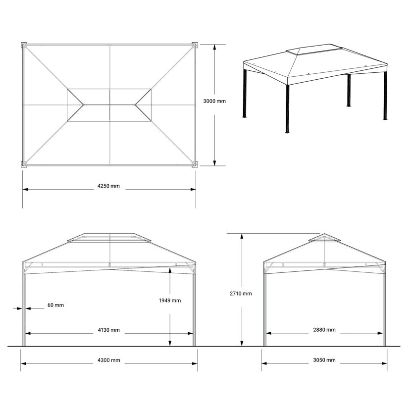 Pavillon 'Malta 1014' schwarz/grau 425 x 300 x 271 cm, mit Moskitonetzen und Vorhangset