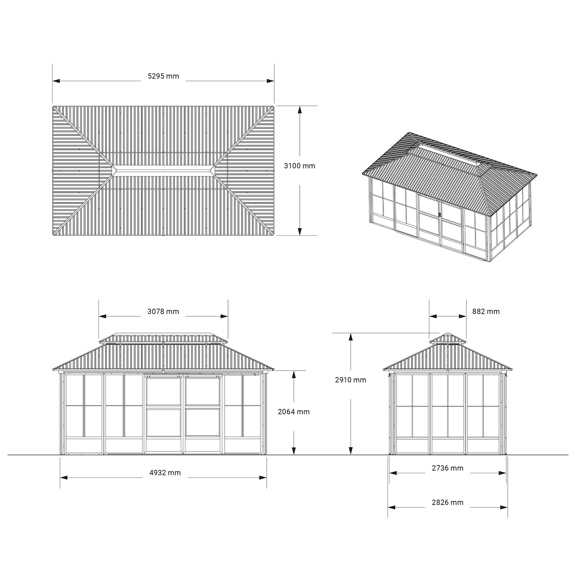 Pavillon 'Olan 1017' grau/schwarz 494 x 283 x 291 cm, mit Moskitoschutz