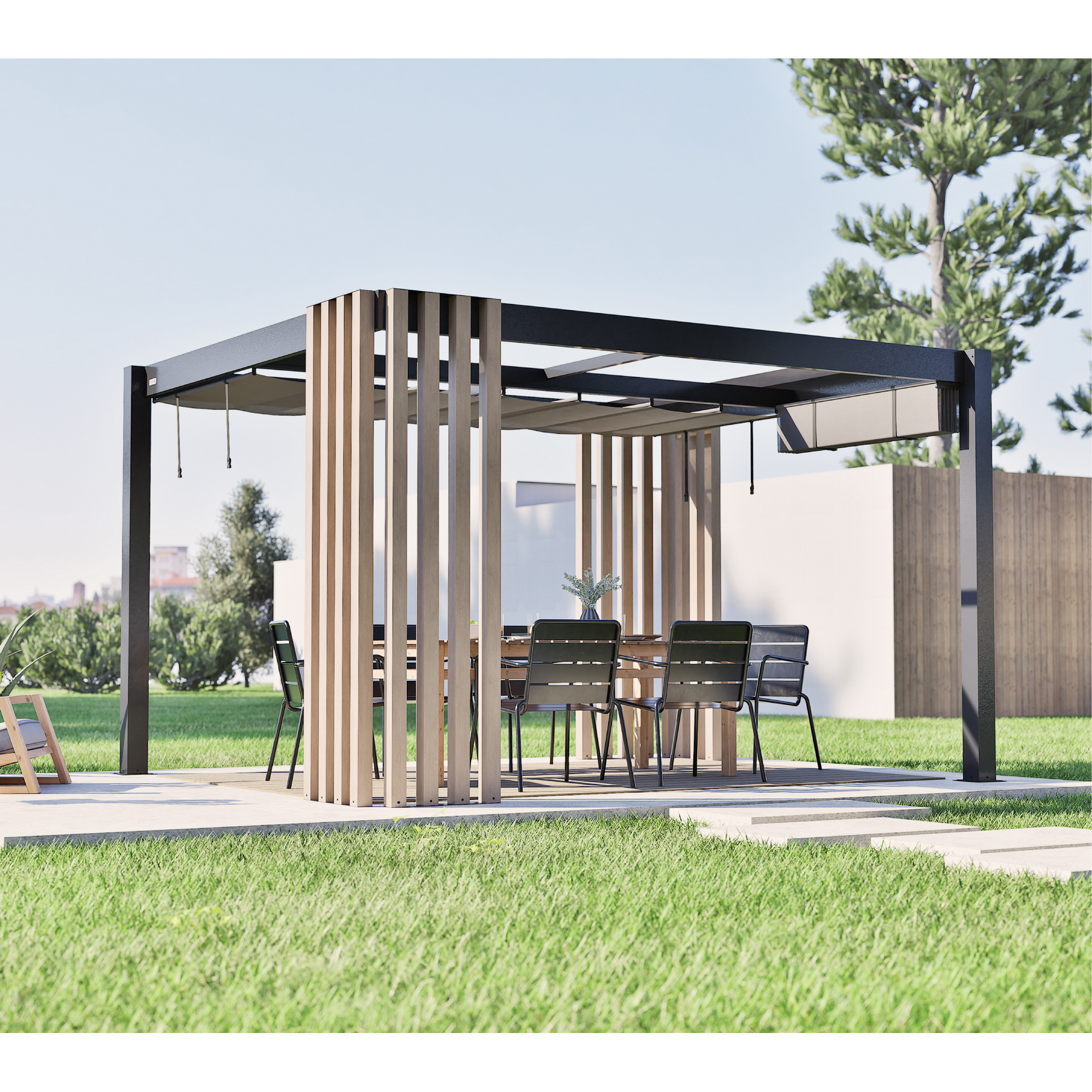 Pergola 'Lito 1012' schwarz/Holzoptik 378 x 302 x 234, mit Sonnensegel