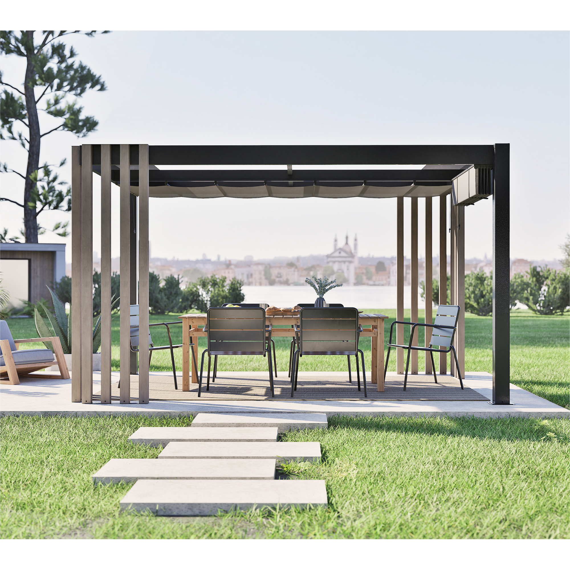 Pergola 'Lito 1012' schwarz/Holzoptik 378 x 302 x 234, mit Sonnensegel