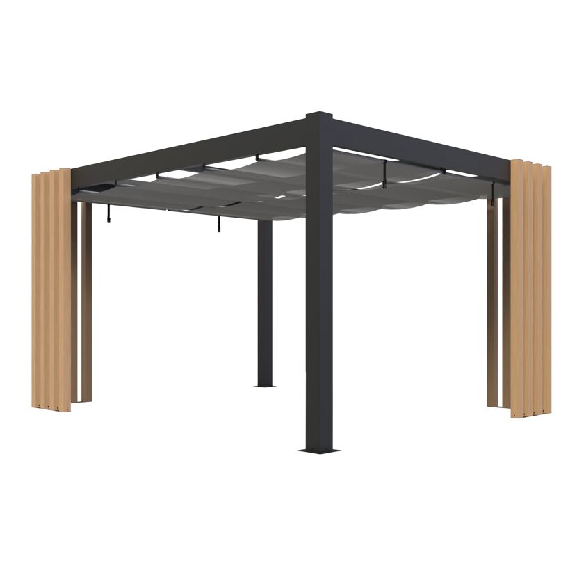 Pergola 'Lito 1012' schwarz/Holzoptik 378 x 302 x 234, mit Sonnensegel
