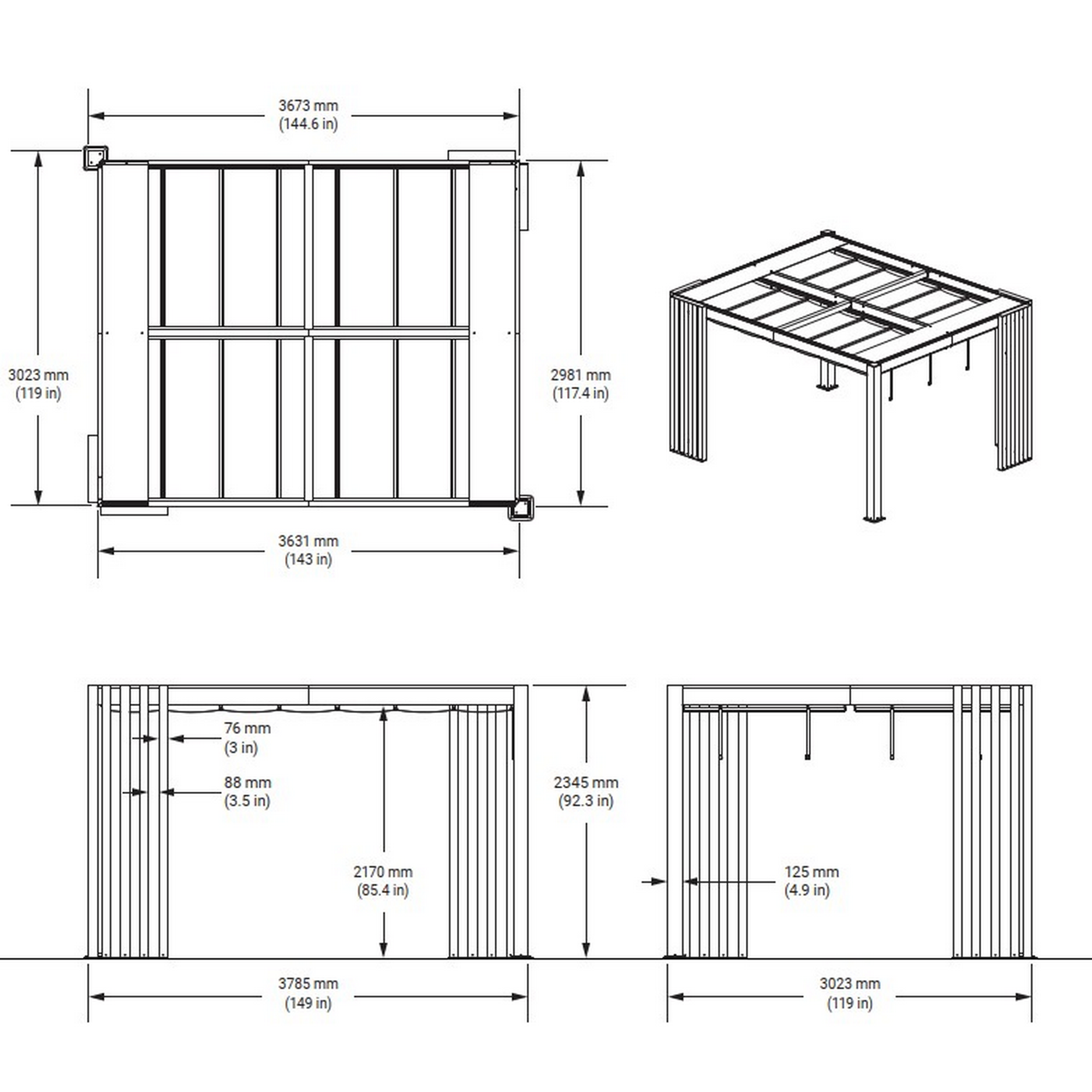 Pergola 'Lito 1012' schwarz/Holzoptik 378 x 302 x 234, mit Sonnensegel